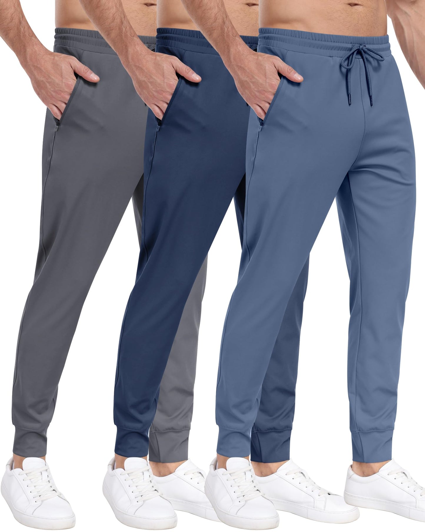 Men's 3 Pack Workout Jogger Pants with Zipper Pockets