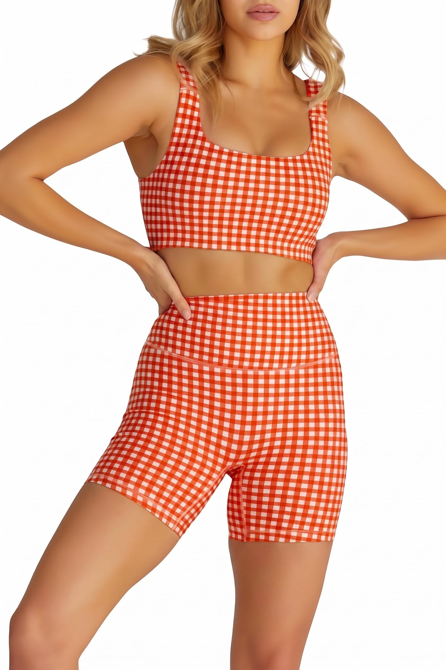 Women's Gingham 2 Piece Workout Set Sports Bra & Shorts