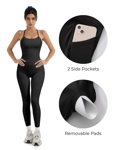 SUUKSESS Women 2 Piece Workout Sets Compression Tummy Control Leggings with Pockets Halter Built in Bra Tank Tops