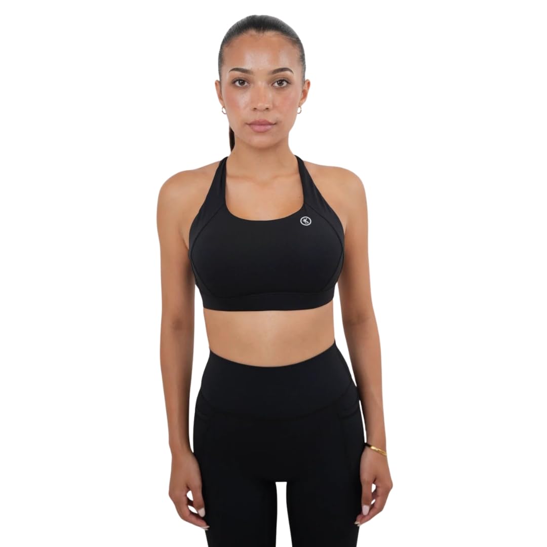 KIMITH Women’s Sports Bra – High Neck Longline Strappy Crop Top, Criss Cross Back, Wireless Padded Gym Bra for Yoga & Fitness