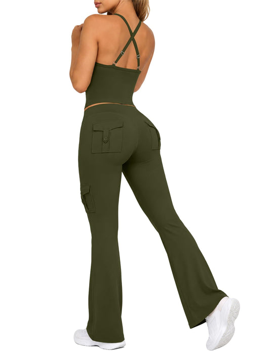 Women's 2 Piece Workout Set Cami Tank & Flare Leggings