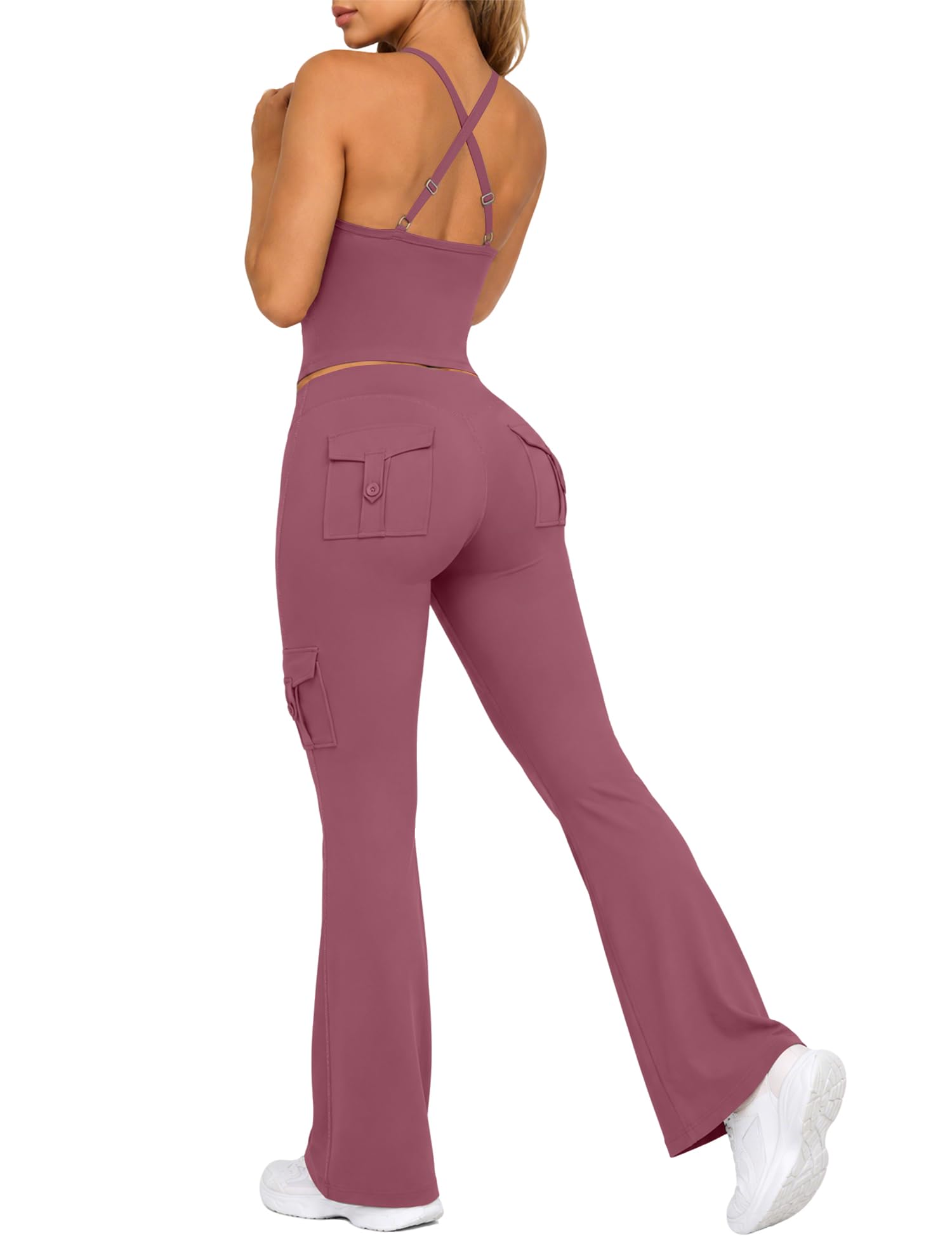 UOUA Women's 2 Piece Workout Sets Cami Racerback Tank Cargo Flare Leggings with Pockets Gym Yoga Outfits