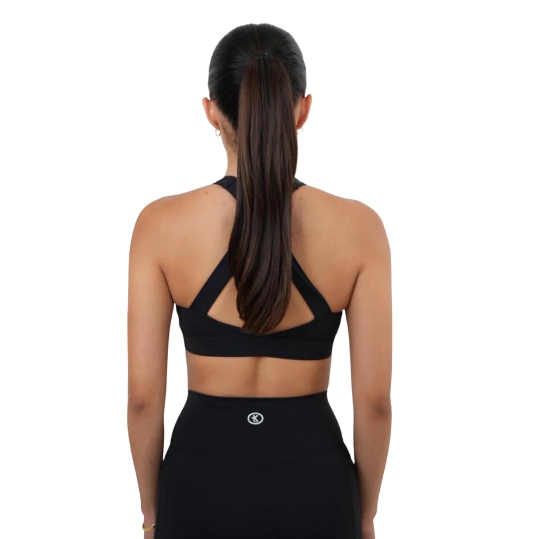 KIMITH Women’s Sports Bra – High Neck Longline Strappy Crop Top, Criss Cross Back, Wireless Padded Gym Bra for Yoga & Fitness