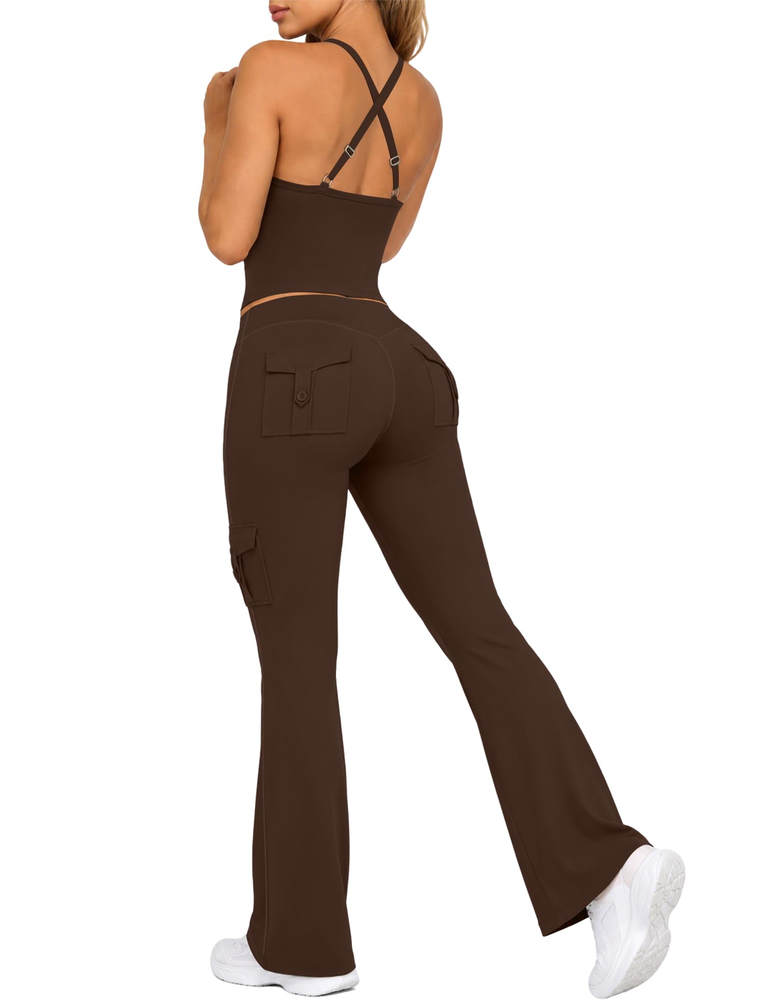UOUA Women's 2 Piece Workout Sets Cami Racerback Tank Cargo Flare Leggings with Pockets Gym Yoga Outfits