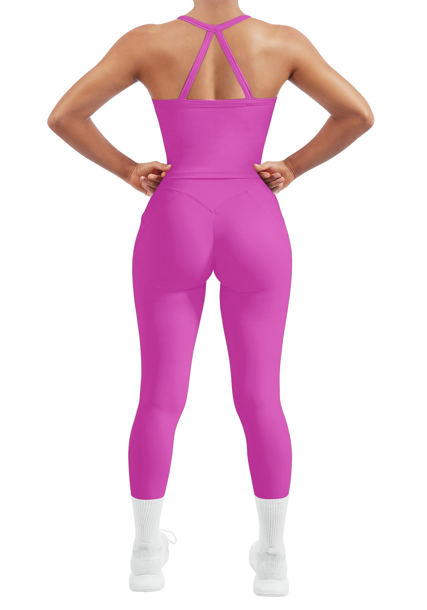 SUUKSESS Women 2 Piece Workout Sets Compression Tummy Control Leggings with Pockets Halter Built in Bra Tank Tops