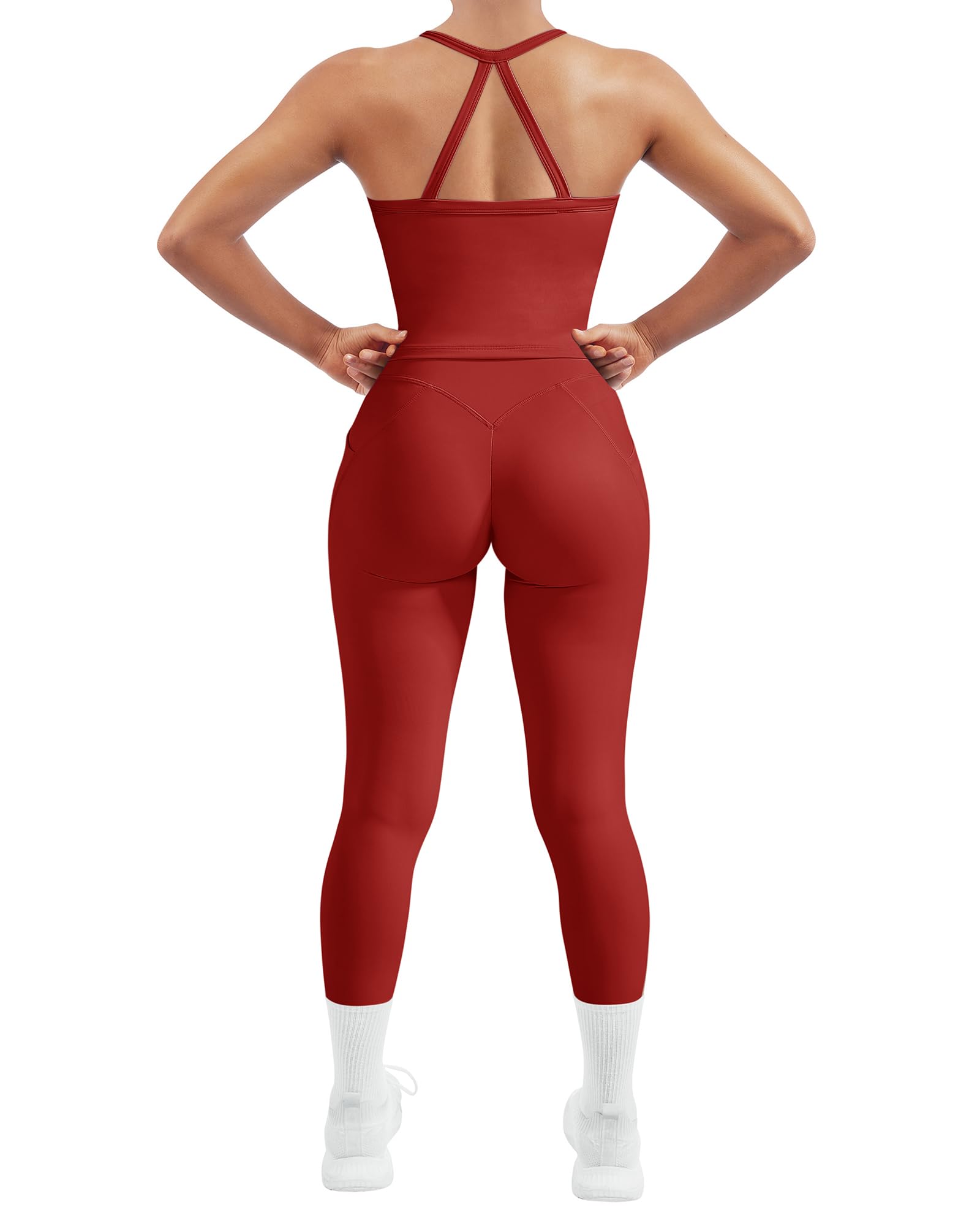 SUUKSESS Women 2 Piece Workout Sets Compression Tummy Control Leggings with Pockets Halter Built in Bra Tank Tops