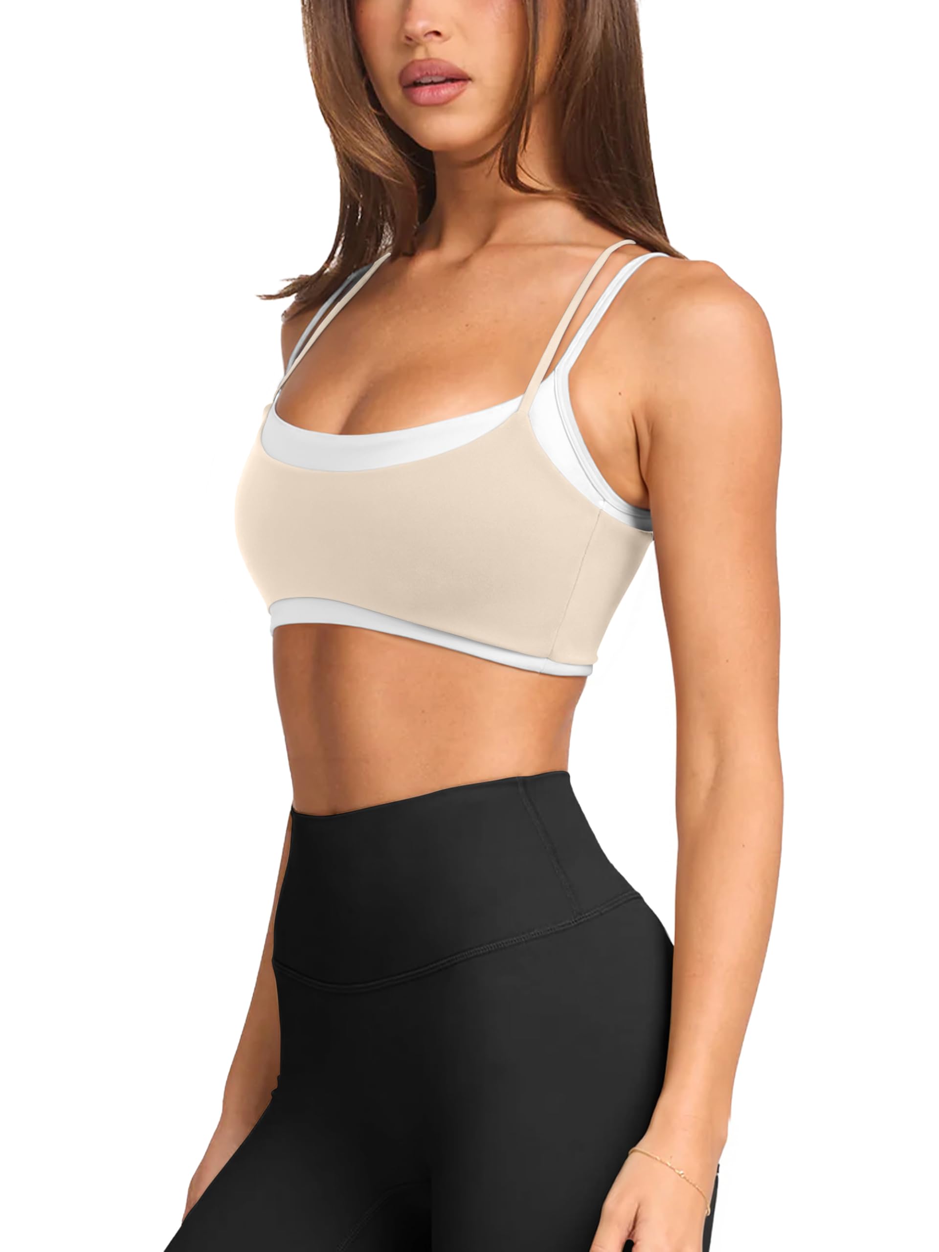 LASLULU Womens Double Layered Sports Bra Adjustable Spaghetti Straps Sexy Scoop Neck Wireless Padded Workout Yoga Crop Tops