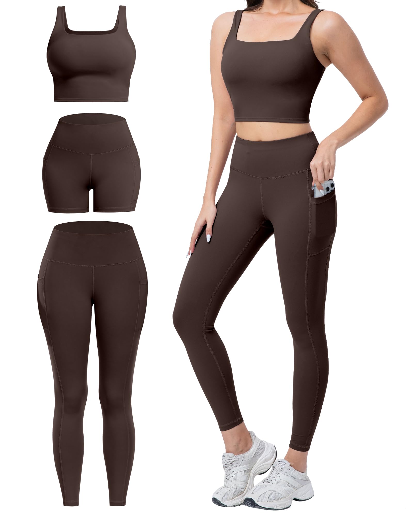 SALSPOR 3 Piece Workout Sets for Women High Waisted Leggings with Pockets Tummy Control Biker Shorts Yoga Sports Bra