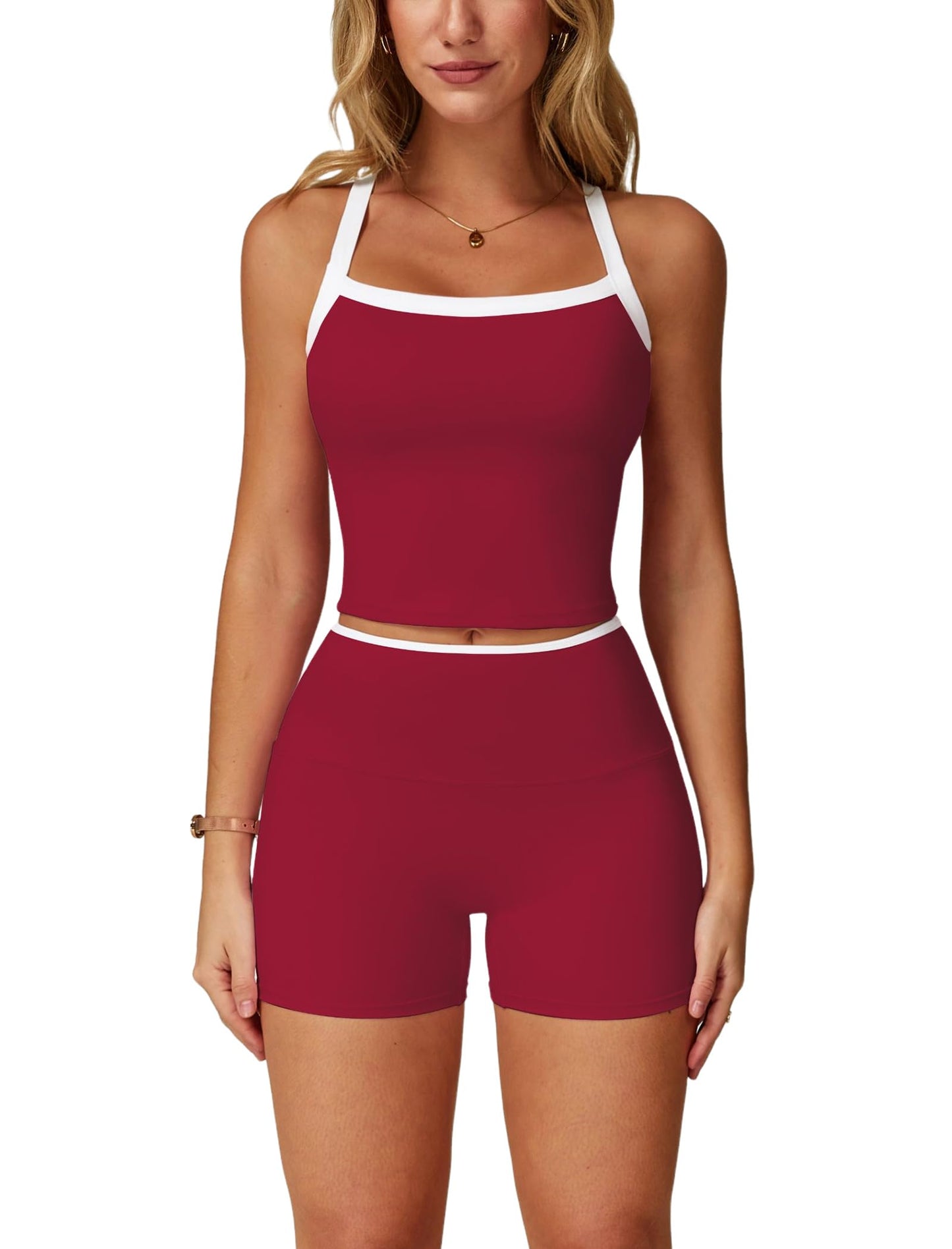 Women's 2 Piece Workout Set Cross Back Tank & Biker Shorts
