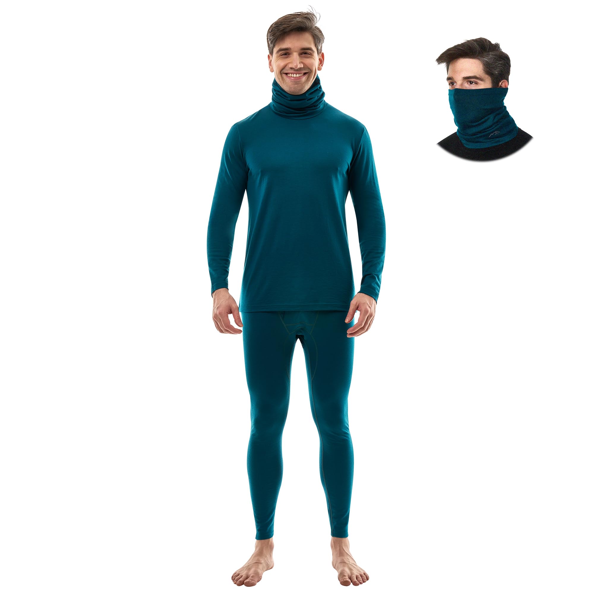 Merino.tech Merino Wool Base Layer Mens Set - Merino Wool Thermal Long Underwear Mens Top, Bottom and Neck Gaiter