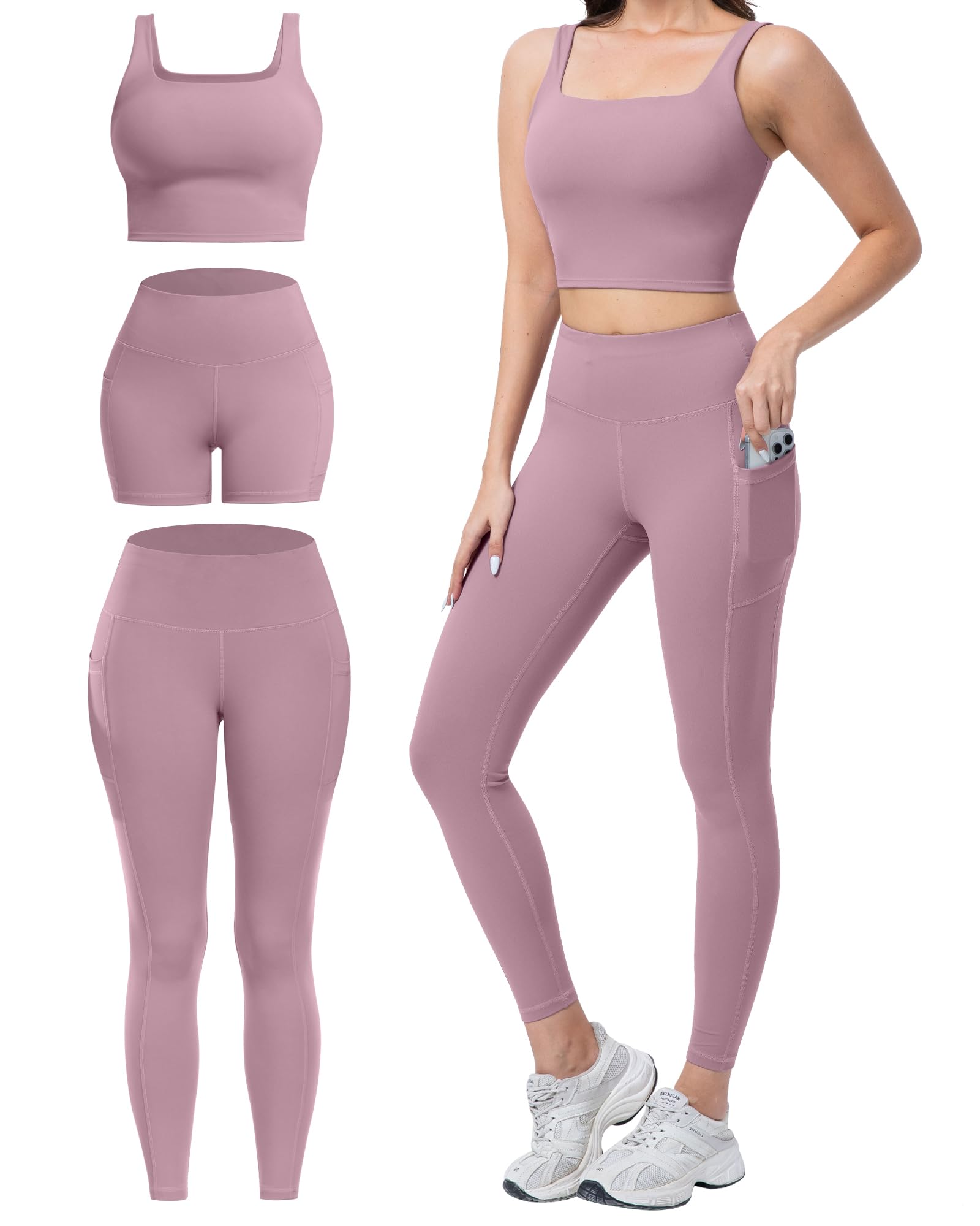 SALSPOR 3 Piece Workout Sets for Women High Waisted Leggings with Pockets Tummy Control Biker Shorts Yoga Sports Bra