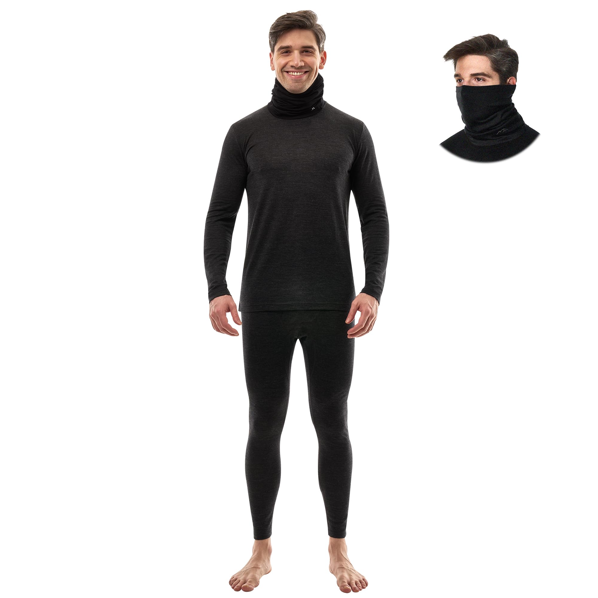Merino.tech Merino Wool Base Layer Mens Set - Merino Wool Thermal Long Underwear Mens Top, Bottom and Neck Gaiter