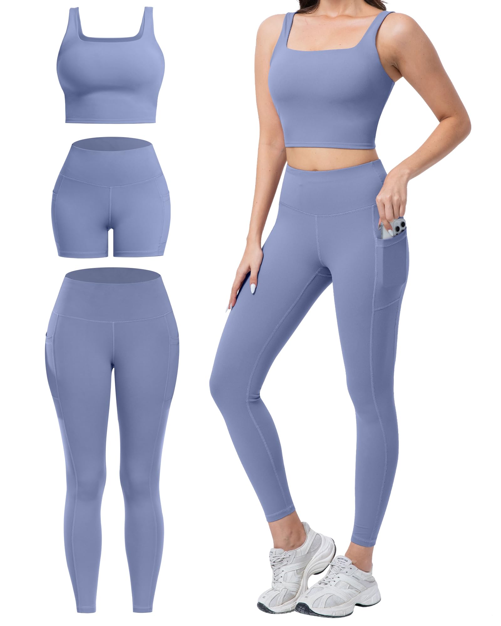 SALSPOR 3 Piece Workout Sets for Women High Waisted Leggings with Pockets Tummy Control Biker Shorts Yoga Sports Bra