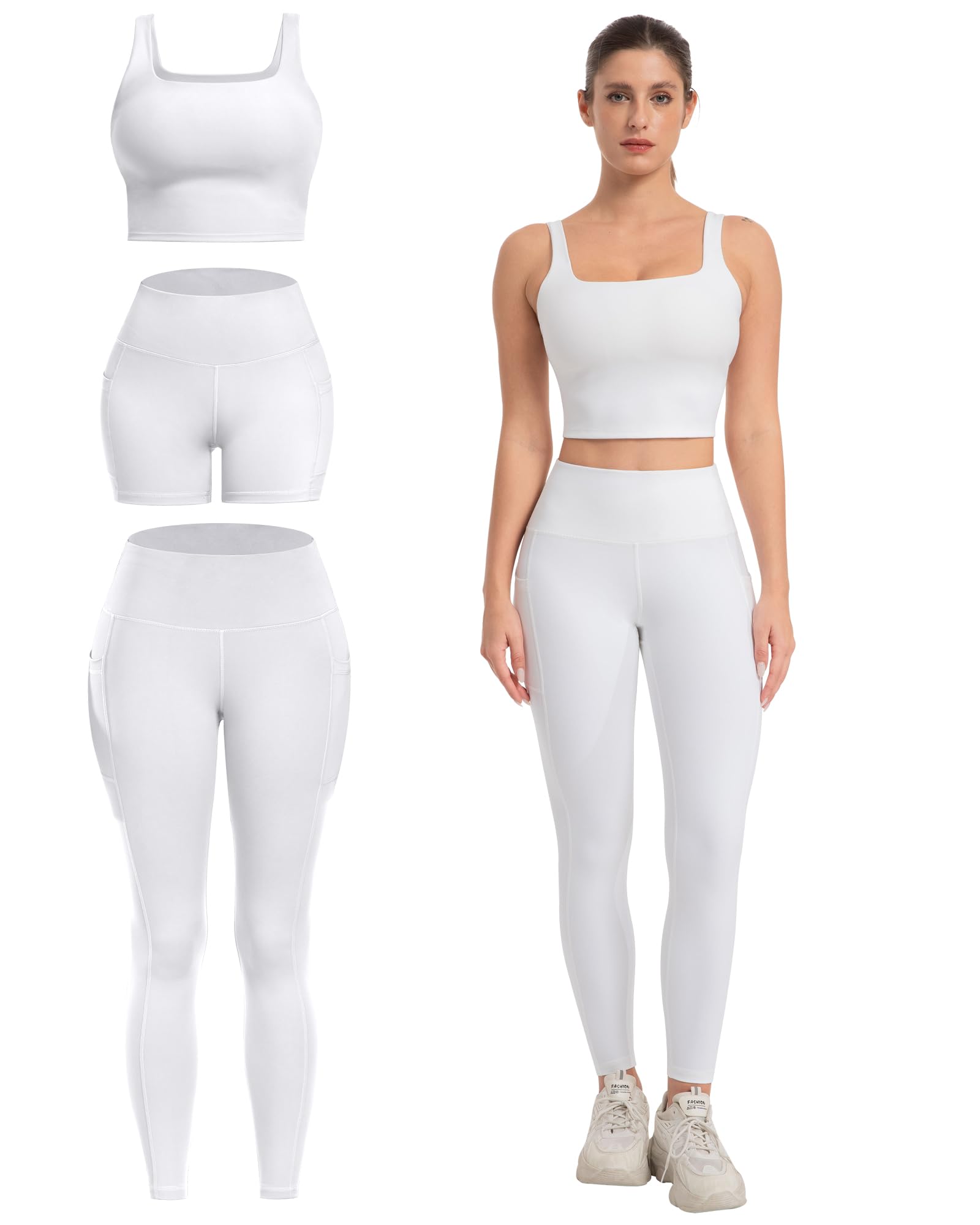 SALSPOR 3 Piece Workout Sets for Women High Waisted Leggings with Pockets Tummy Control Biker Shorts Yoga Sports Bra