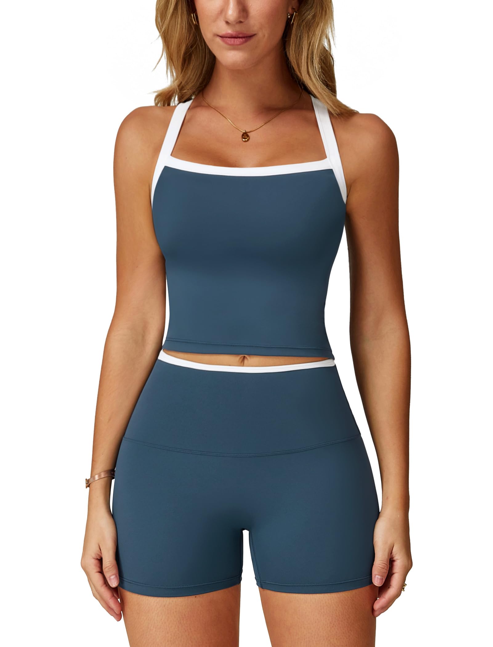 ABOCIW 2 Pieces Workout Sets for Women, Cross Back Tank Top Matching High Waist Biker Shorts, Gym Yoga Pilates Outfits