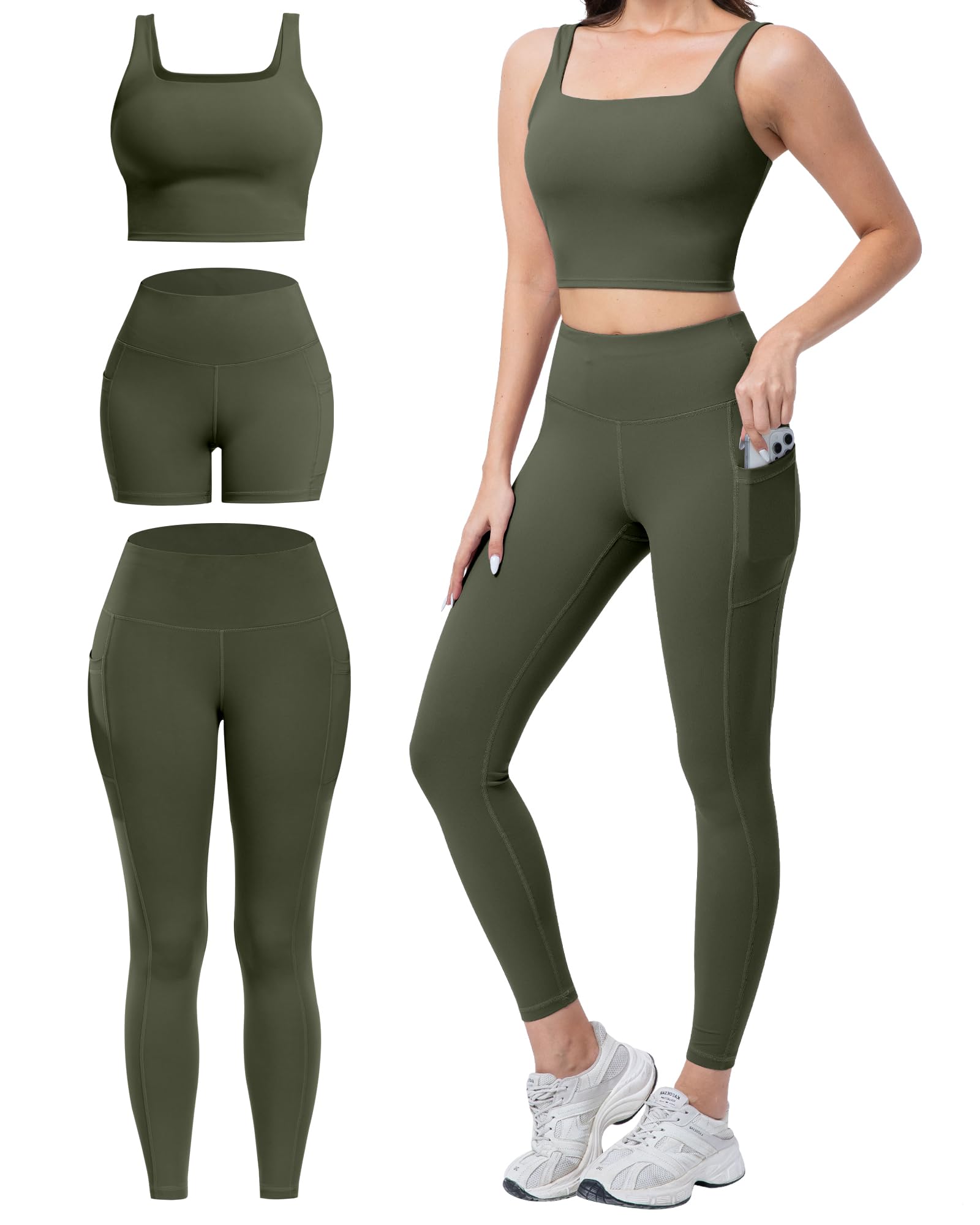 SALSPOR 3 Piece Workout Sets for Women High Waisted Leggings with Pockets Tummy Control Biker Shorts Yoga Sports Bra