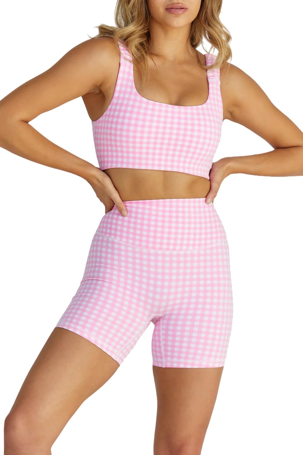 Women's Gingham 2 Piece Workout Set Sports Bra & Shorts