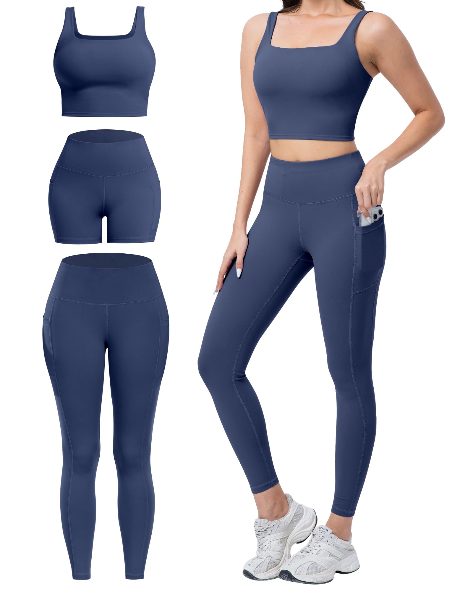 SALSPOR 3 Piece Workout Sets for Women High Waisted Leggings with Pockets Tummy Control Biker Shorts Yoga Sports Bra
