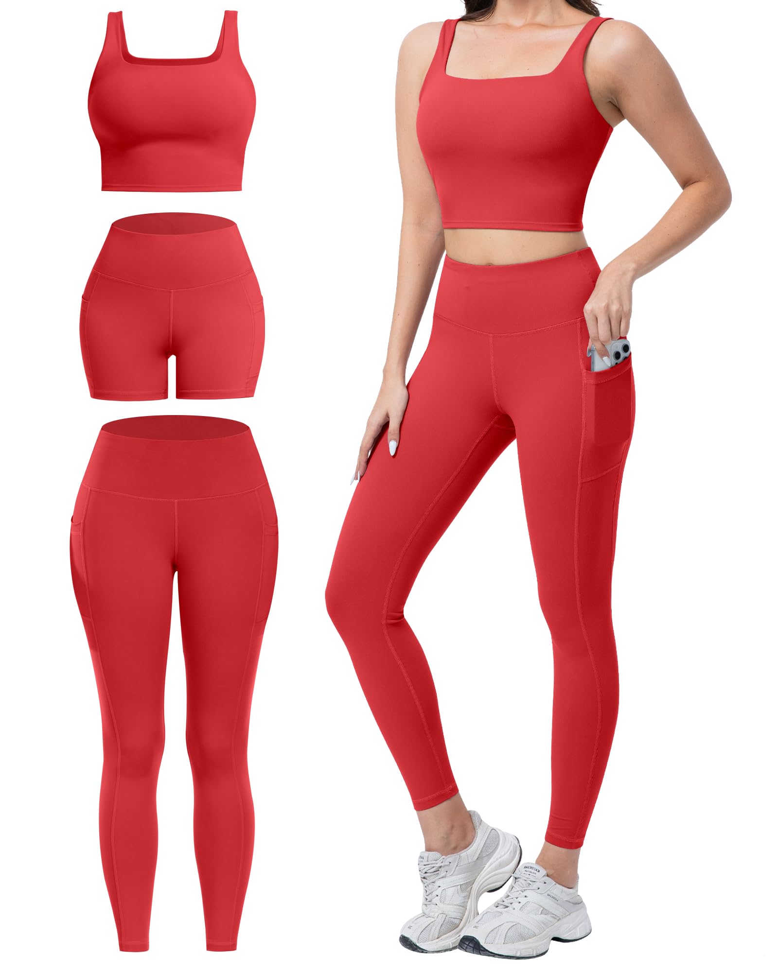 SALSPOR 3 Piece Workout Sets for Women High Waisted Leggings with Pockets Tummy Control Biker Shorts Yoga Sports Bra