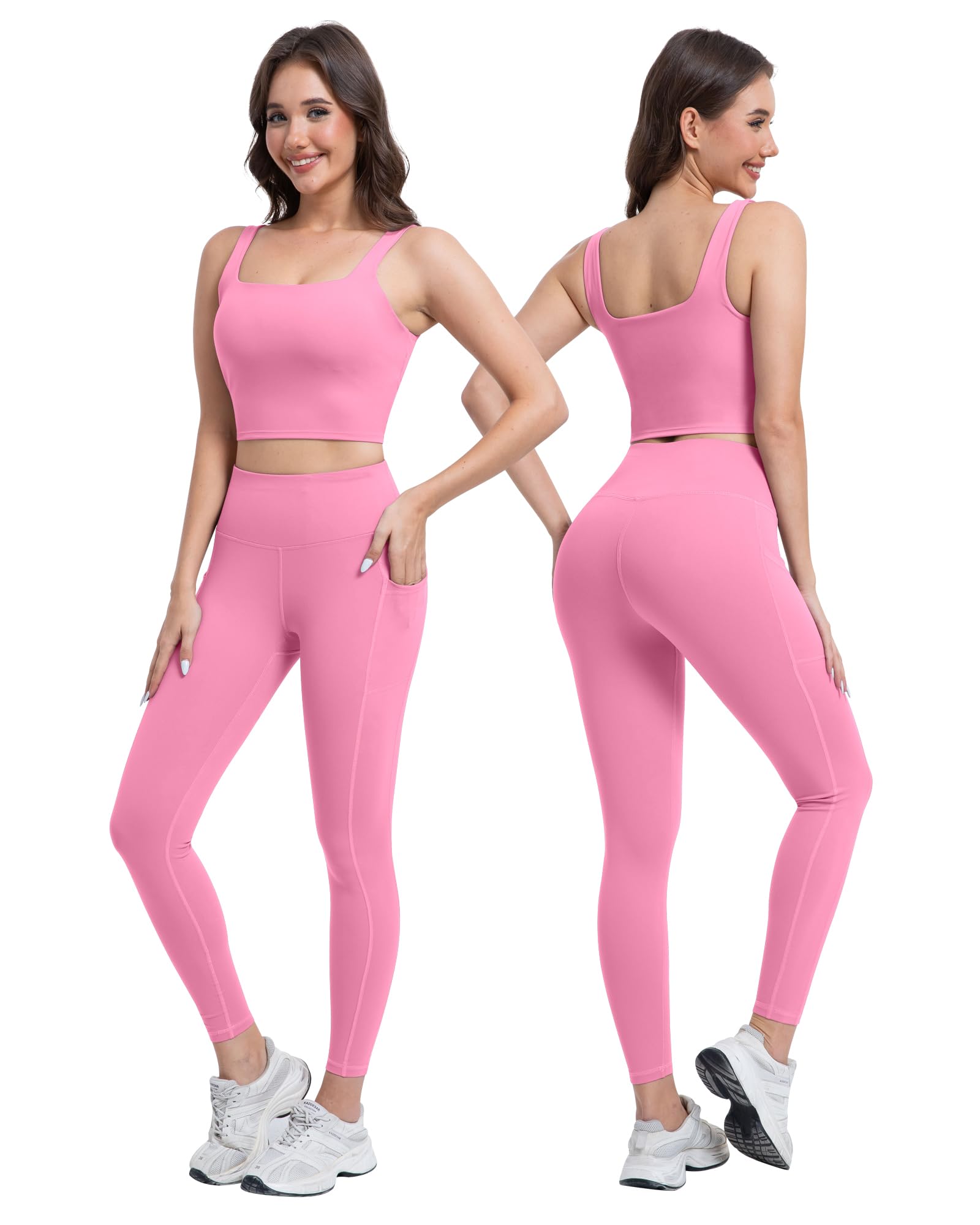 SALSPOR 3 Piece Workout Sets for Women High Waisted Leggings with Pockets Tummy Control Biker Shorts Yoga Sports Bra