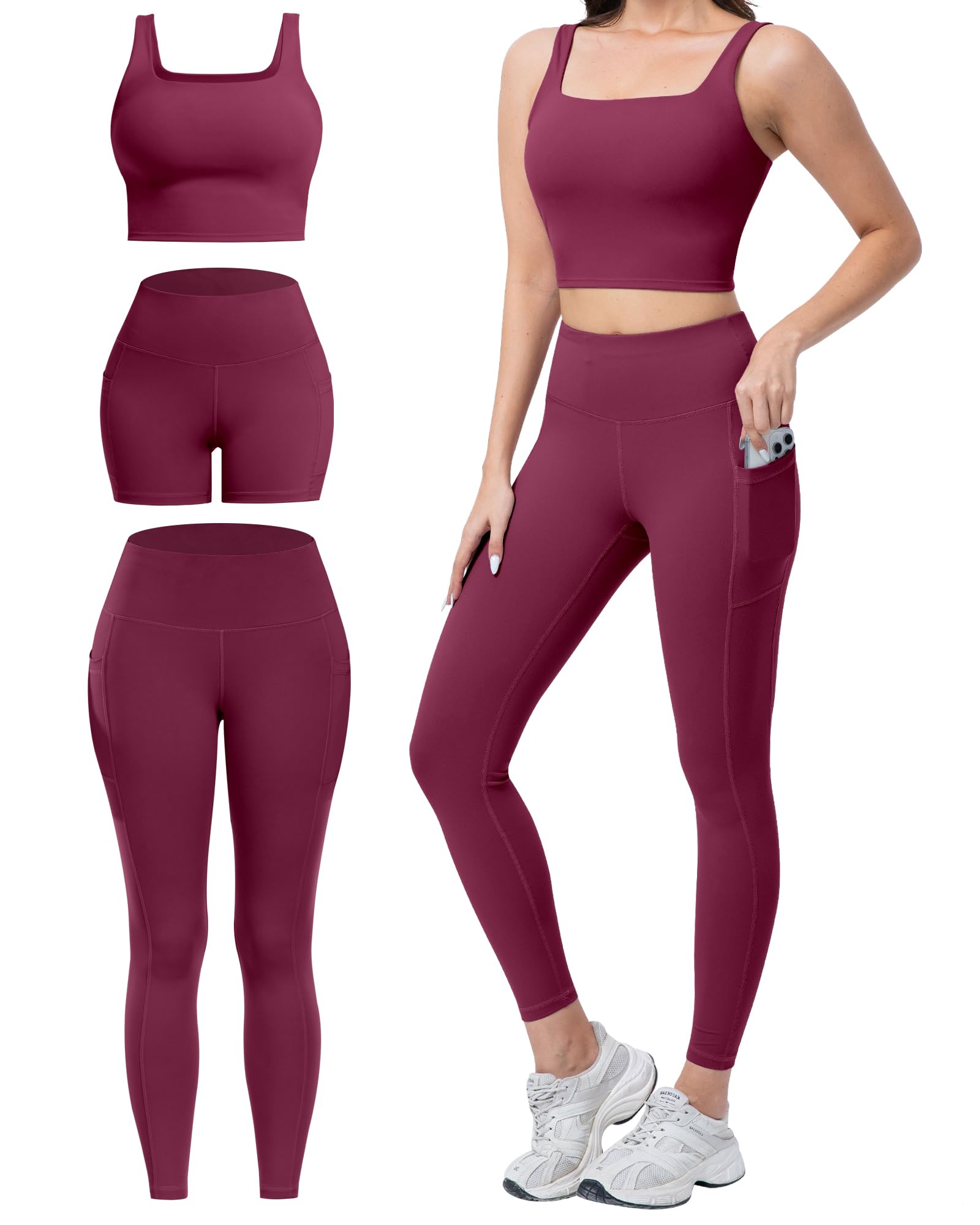 SALSPOR 3 Piece Workout Sets for Women High Waisted Leggings with Pockets Tummy Control Biker Shorts Yoga Sports Bra