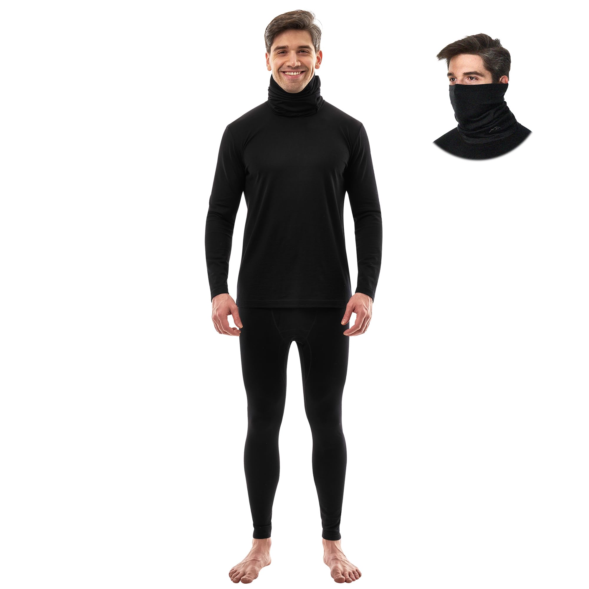 Merino.tech Merino Wool Base Layer Mens Set - Merino Wool Thermal Long Underwear Mens Top, Bottom and Neck Gaiter