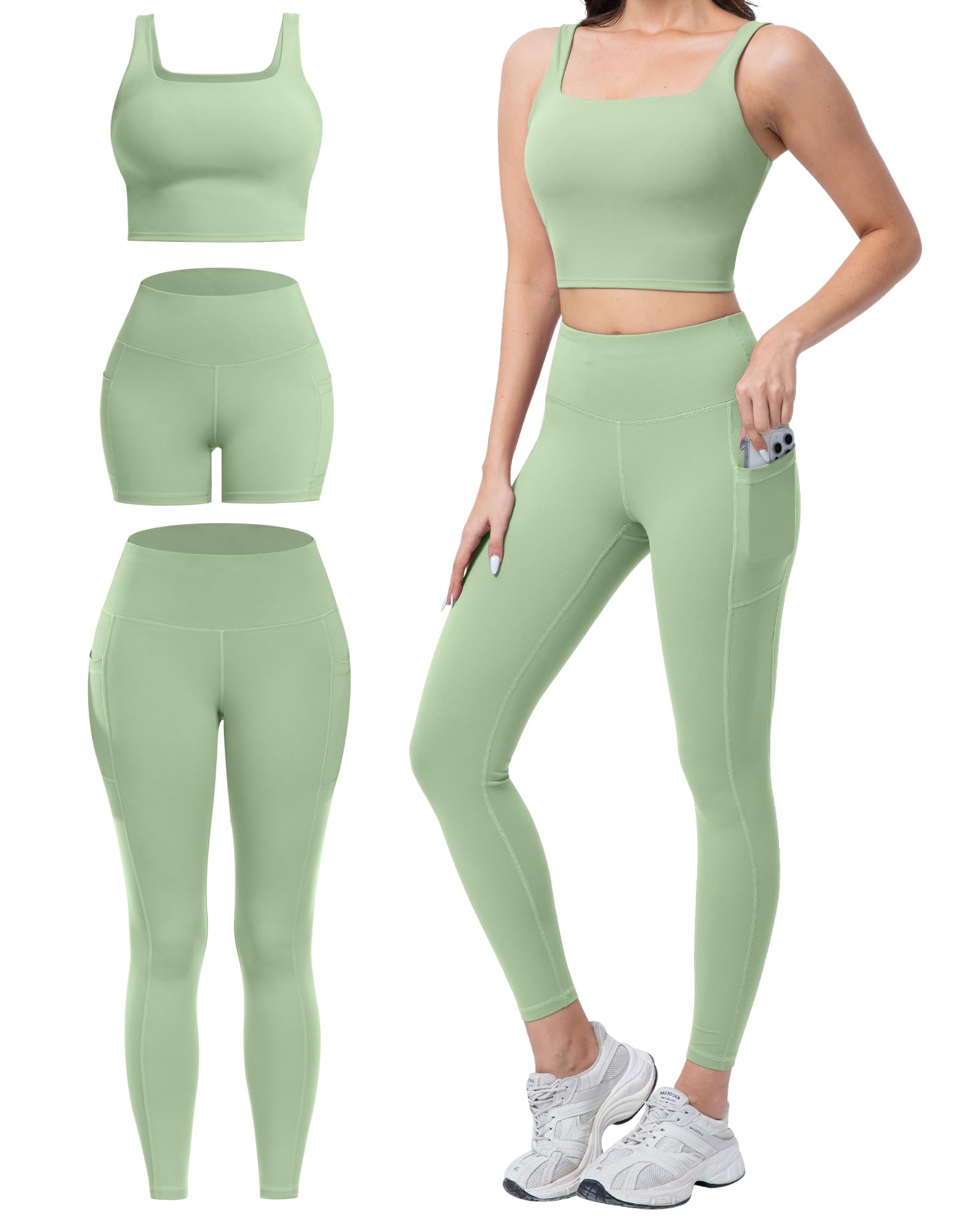 SALSPOR 3 Piece Workout Sets for Women High Waisted Leggings with Pockets Tummy Control Biker Shorts Yoga Sports Bra