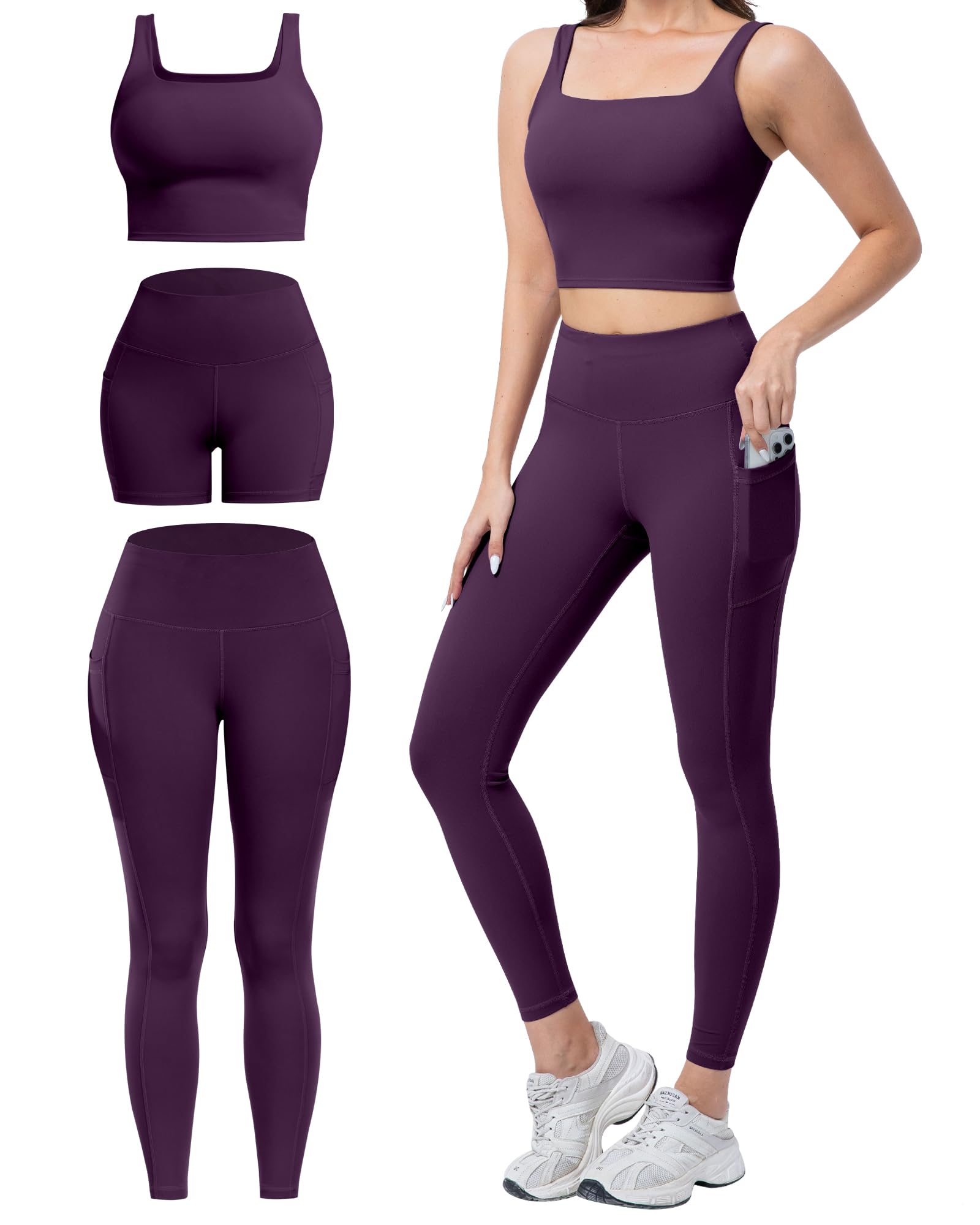 SALSPOR 3 Piece Workout Sets for Women High Waisted Leggings with Pockets Tummy Control Biker Shorts Yoga Sports Bra
