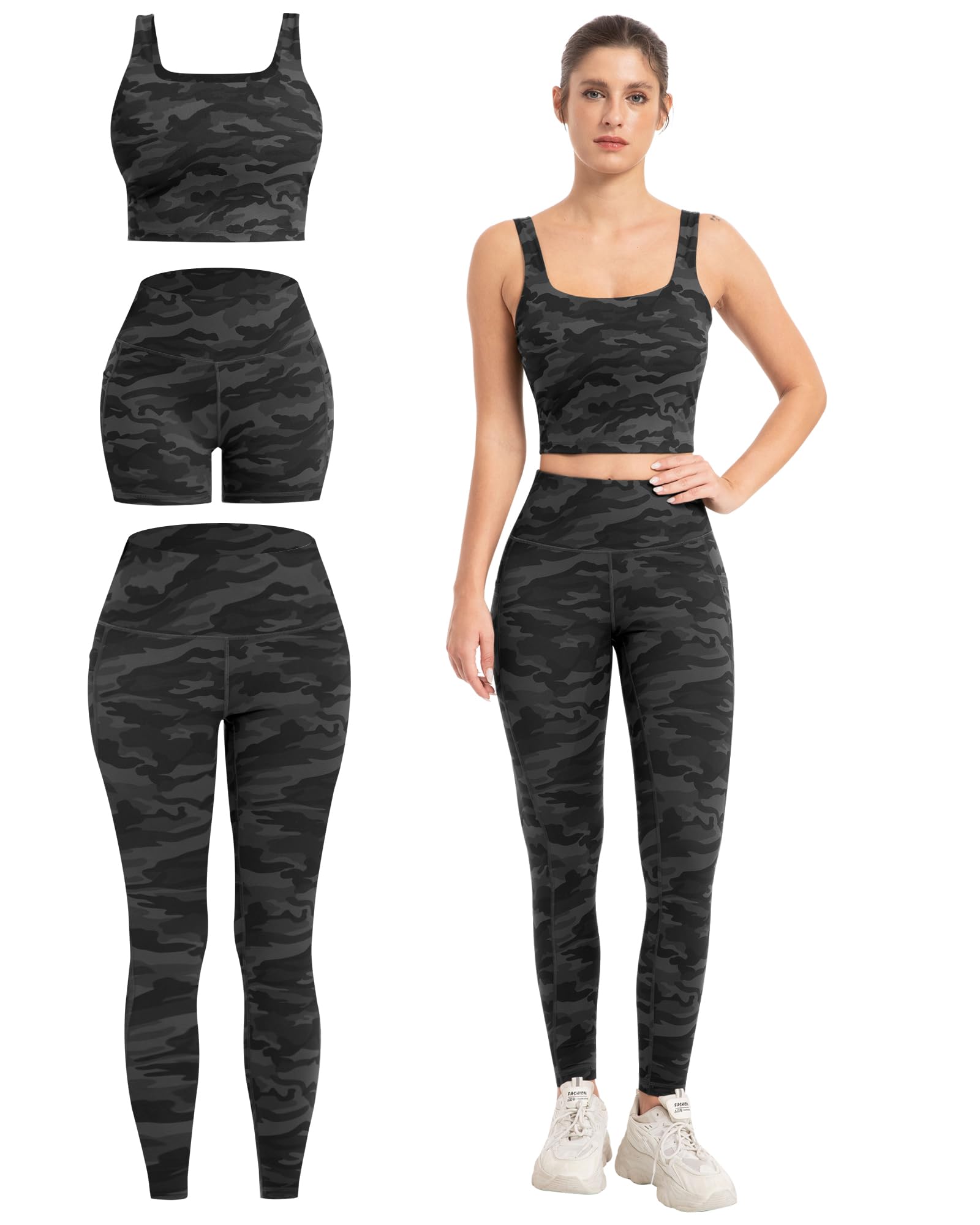 SALSPOR 3 Piece Workout Sets for Women High Waisted Leggings with Pockets Tummy Control Biker Shorts Yoga Sports Bra