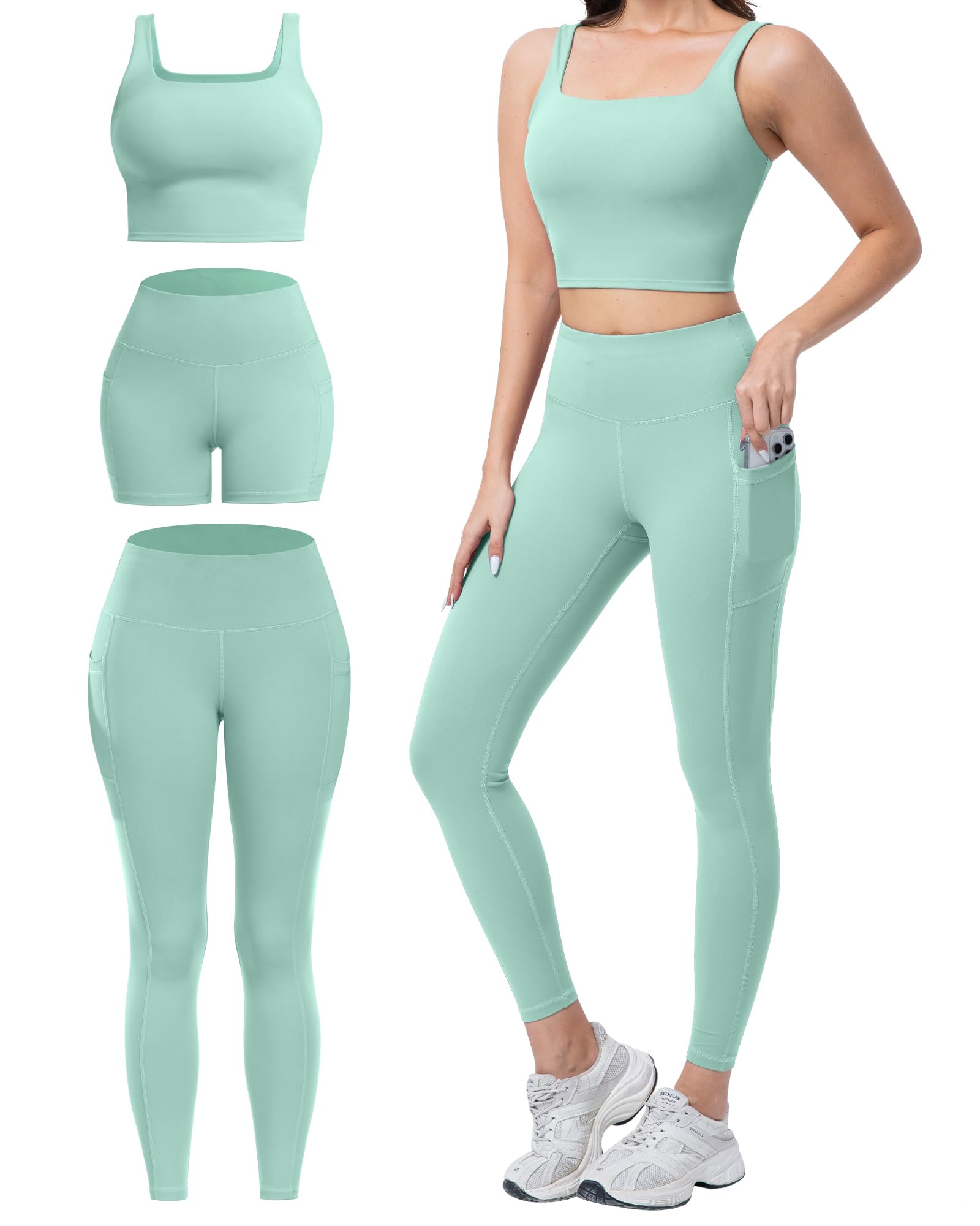 SALSPOR 3 Piece Workout Sets for Women High Waisted Leggings with Pockets Tummy Control Biker Shorts Yoga Sports Bra