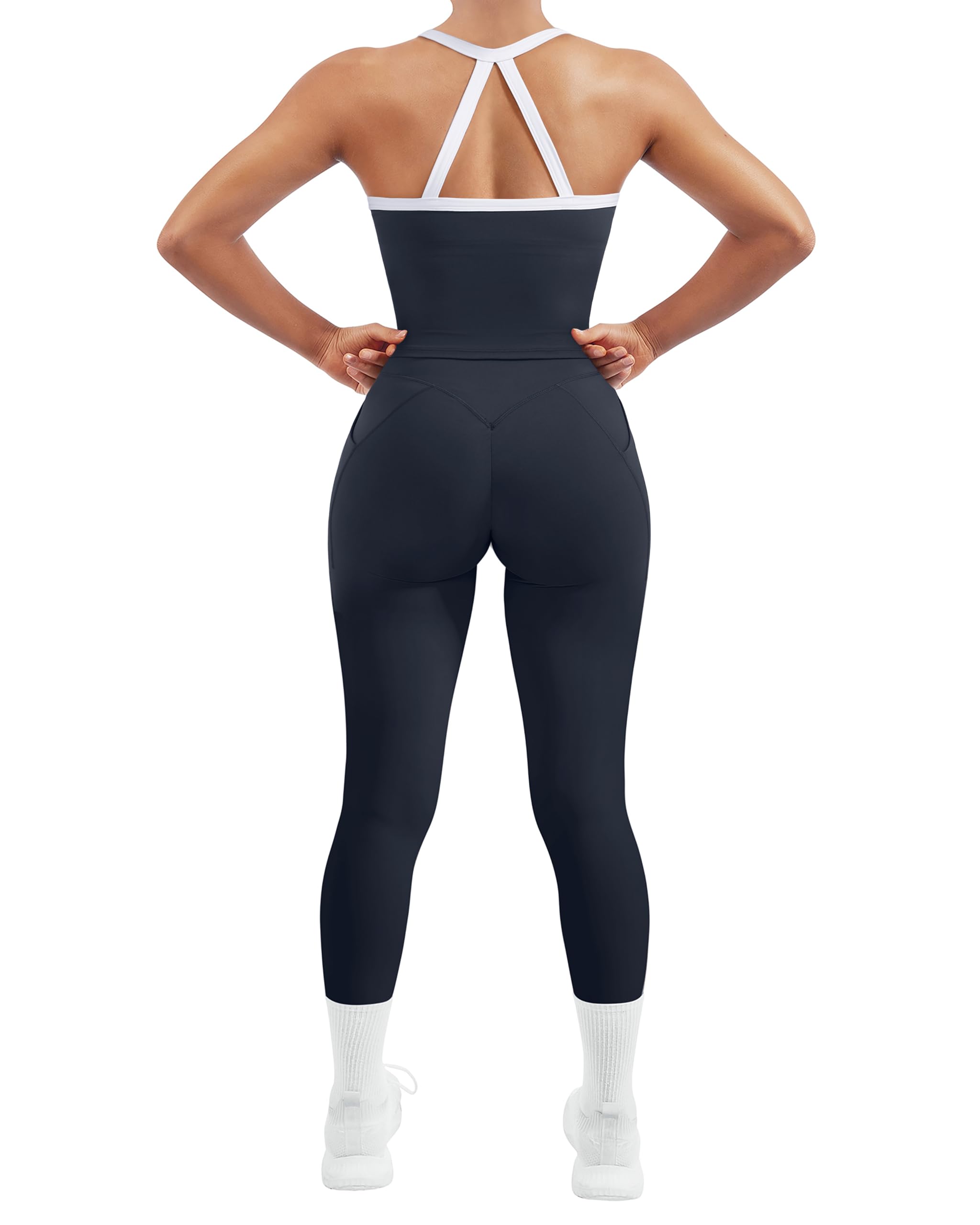 SUUKSESS Women 2 Piece Workout Sets Compression Tummy Control Leggings with Pockets Halter Built in Bra Tank Tops