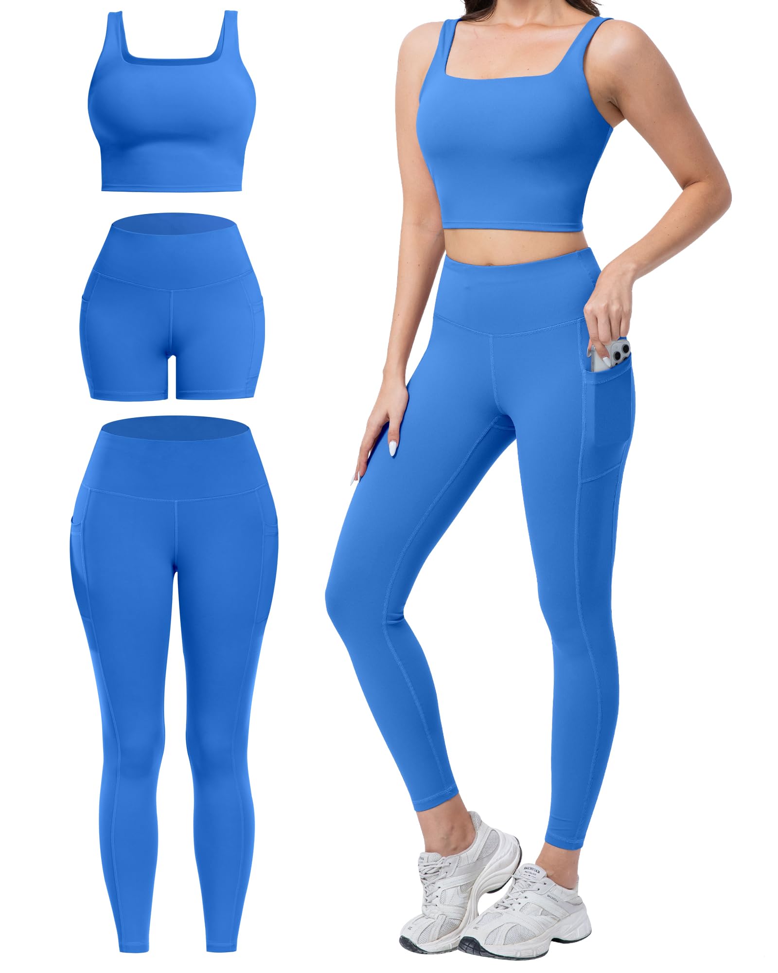 SALSPOR 3 Piece Workout Sets for Women High Waisted Leggings with Pockets Tummy Control Biker Shorts Yoga Sports Bra