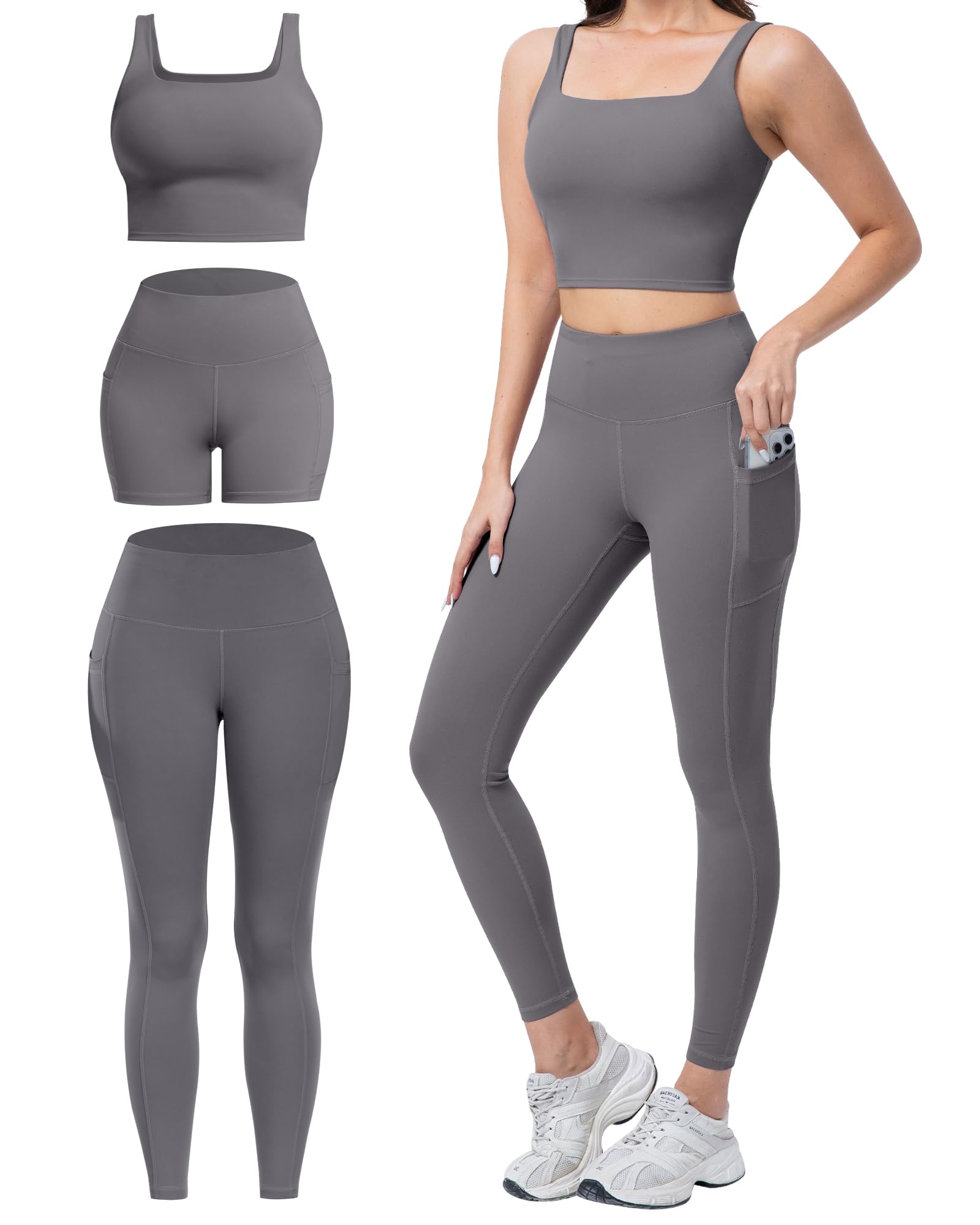 SALSPOR 3 Piece Workout Sets for Women High Waisted Leggings with Pockets Tummy Control Biker Shorts Yoga Sports Bra