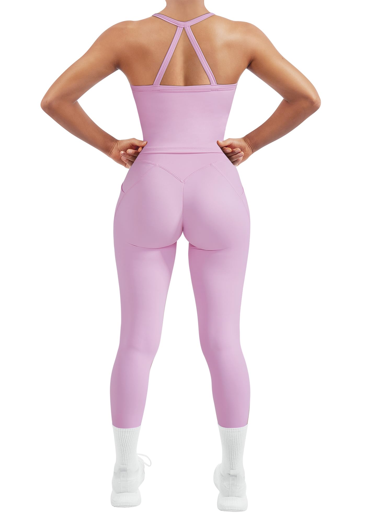 SUUKSESS Women 2 Piece Workout Sets Compression Tummy Control Leggings with Pockets Halter Built in Bra Tank Tops