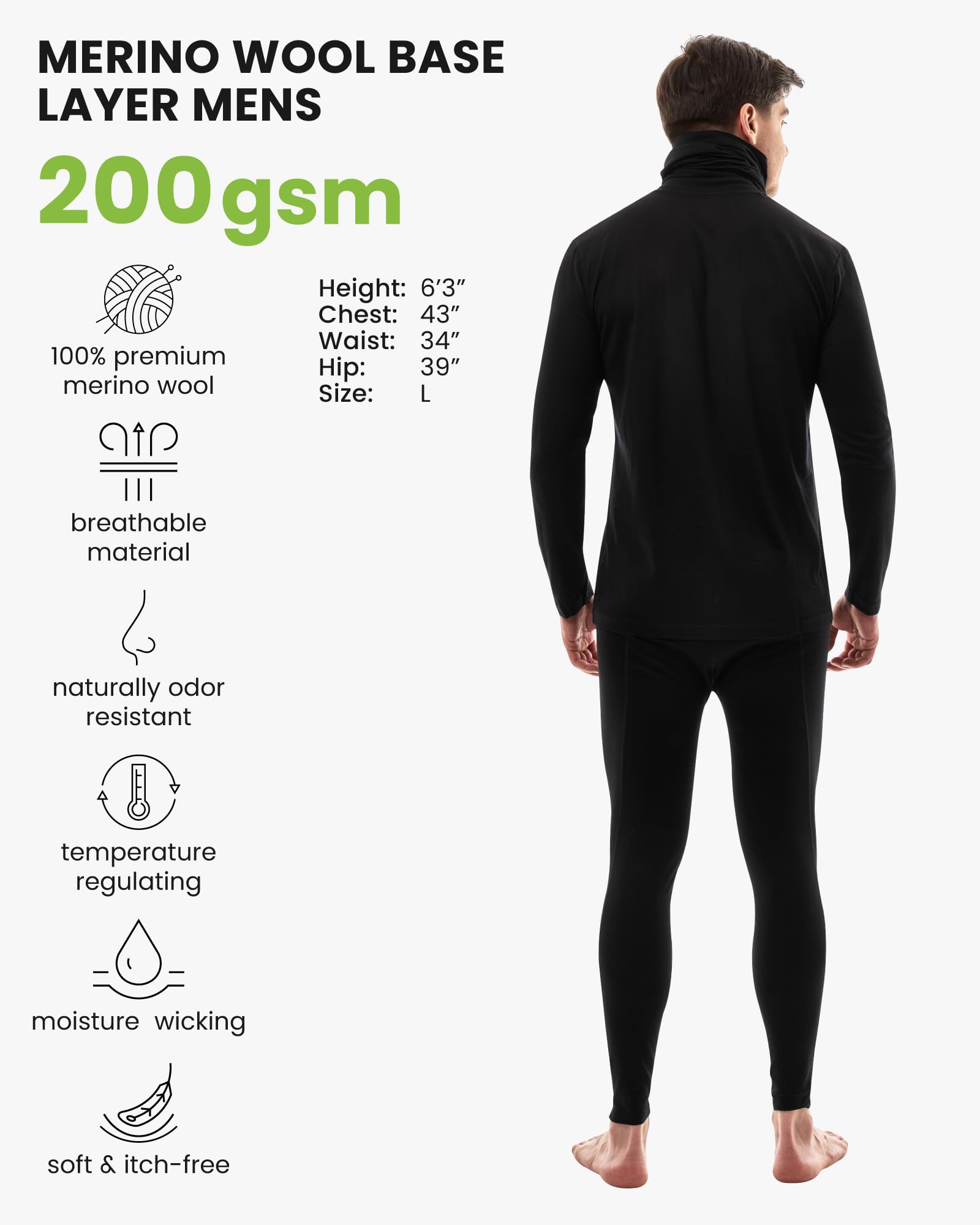 Merino.tech Merino Wool Base Layer Mens Set - Merino Wool Thermal Long Underwear Mens Top, Bottom and Neck Gaiter
