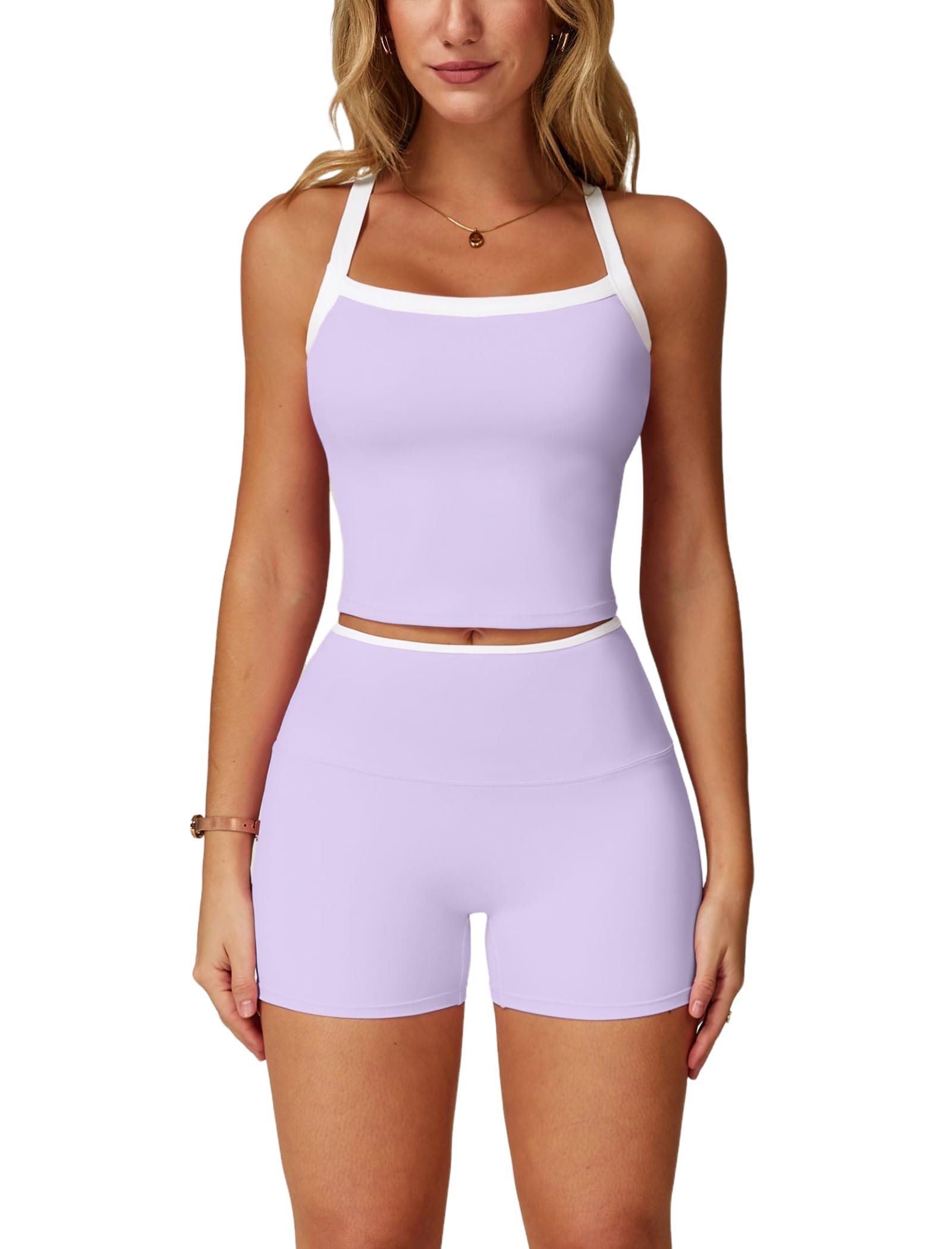 ABOCIW 2 Pieces Workout Sets for Women, Cross Back Tank Top Matching High Waist Biker Shorts, Gym Yoga Pilates Outfits