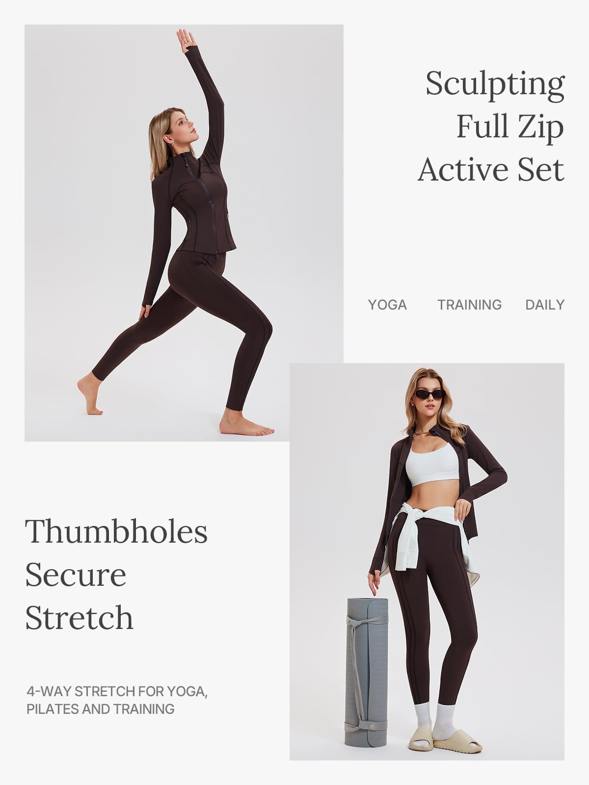 IUK Women's 2 Piece Outfit Workout Sets Two-Way Zip Jacket Thumbholes High Waist Leggings with Pockets Gym Running Tracksuits