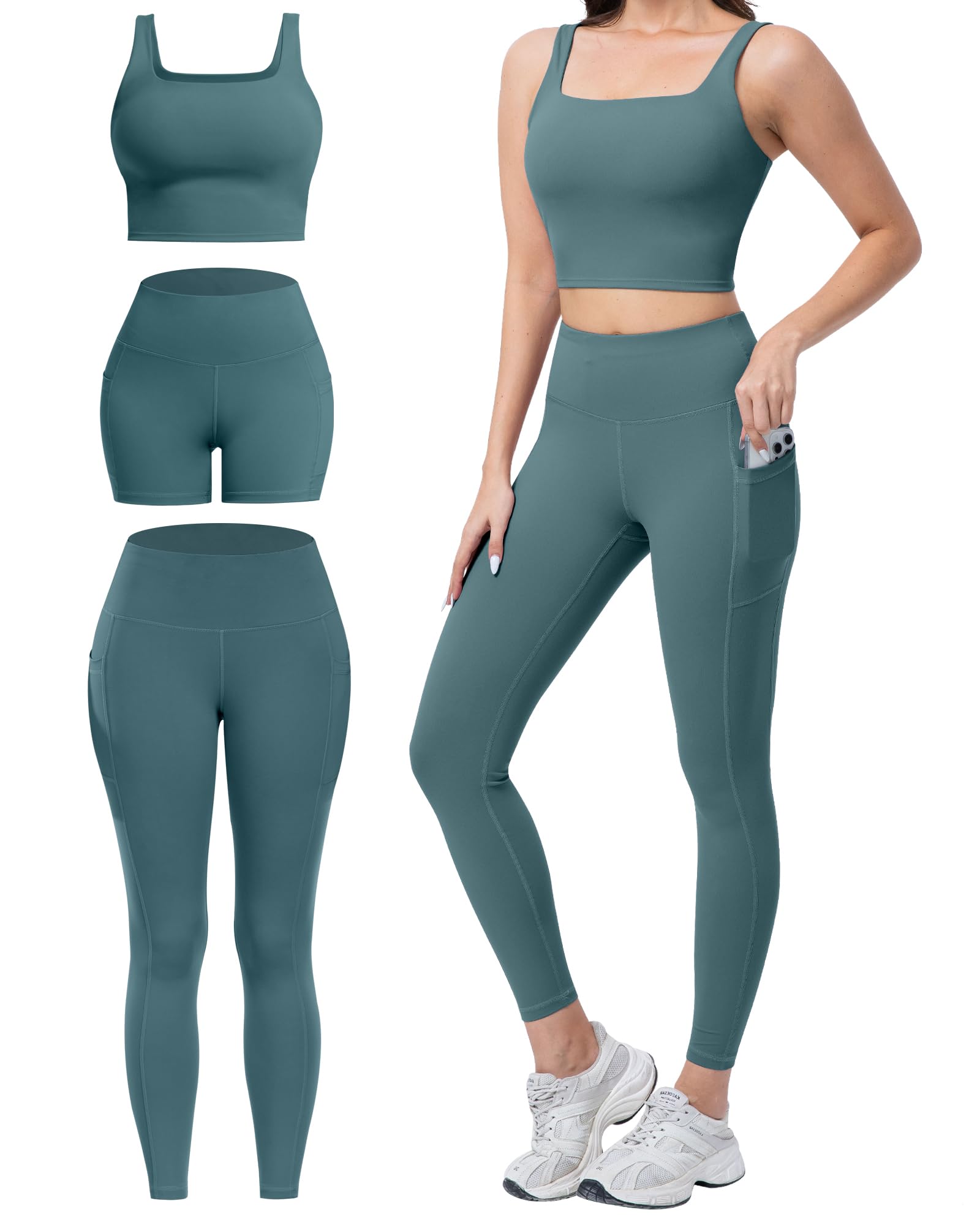 SALSPOR 3 Piece Workout Sets for Women High Waisted Leggings with Pockets Tummy Control Biker Shorts Yoga Sports Bra