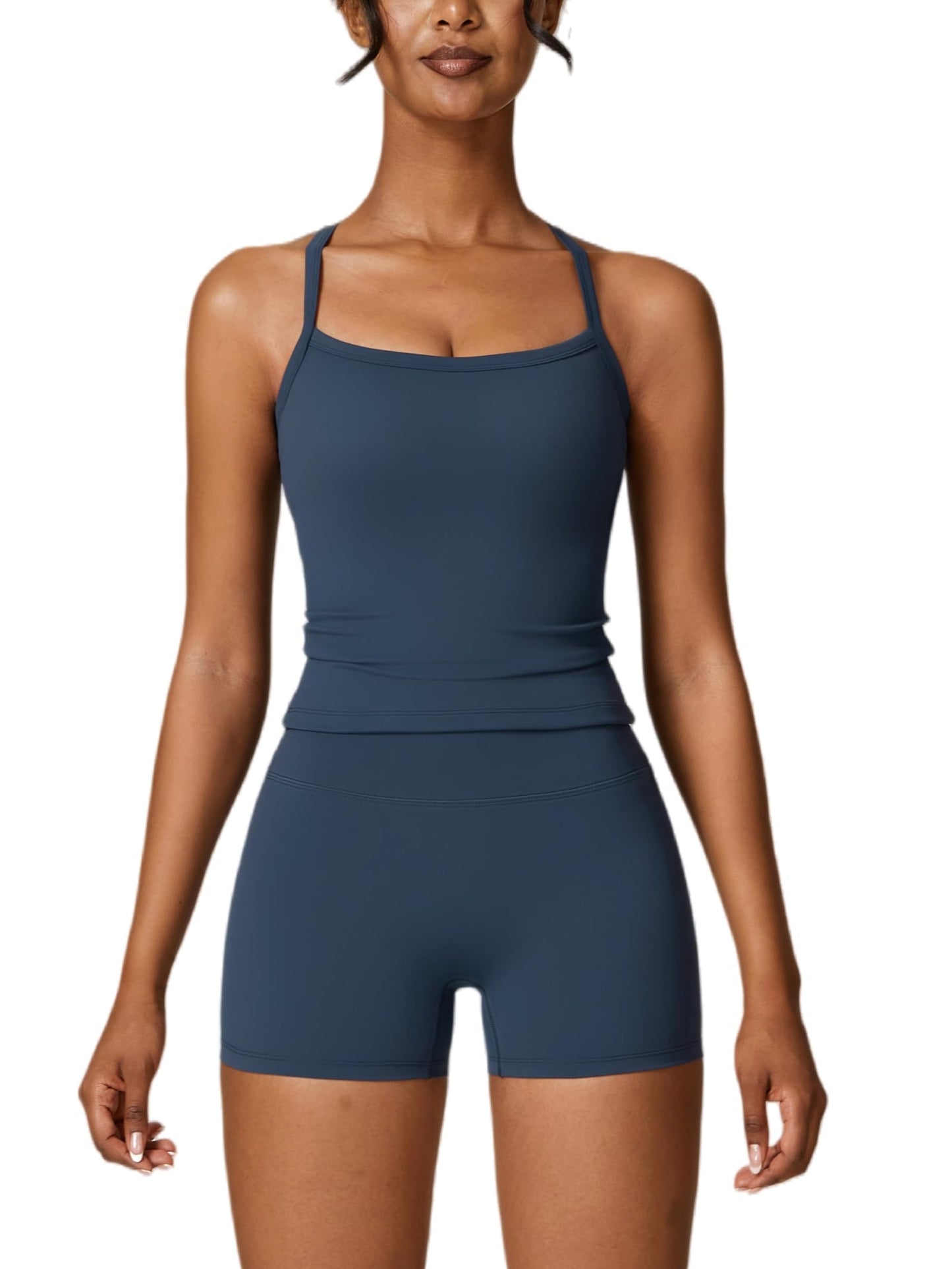 Women's 2 Piece Workout Set Cross Back Tank & Biker Shorts