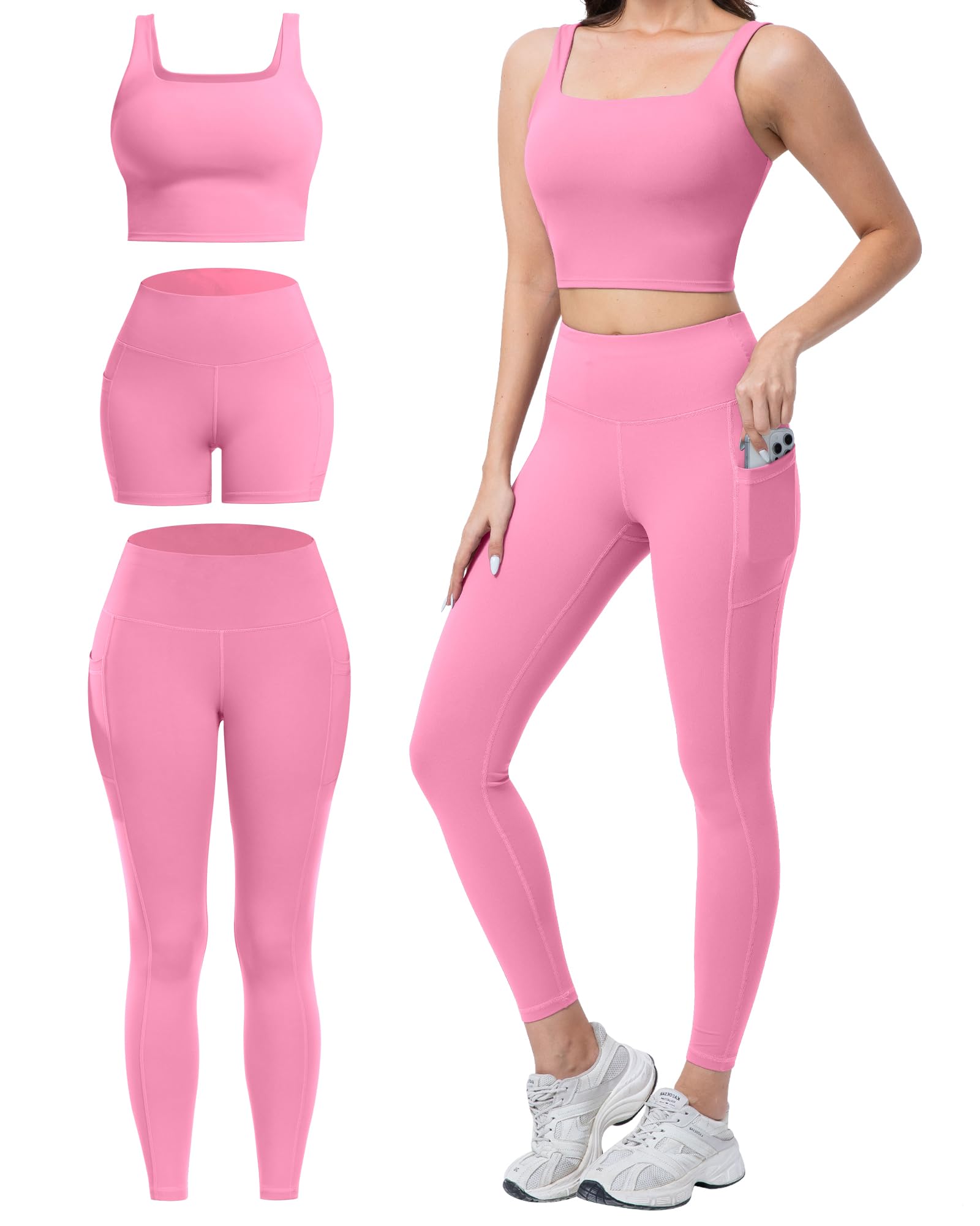 SALSPOR 3 Piece Workout Sets for Women High Waisted Leggings with Pockets Tummy Control Biker Shorts Yoga Sports Bra