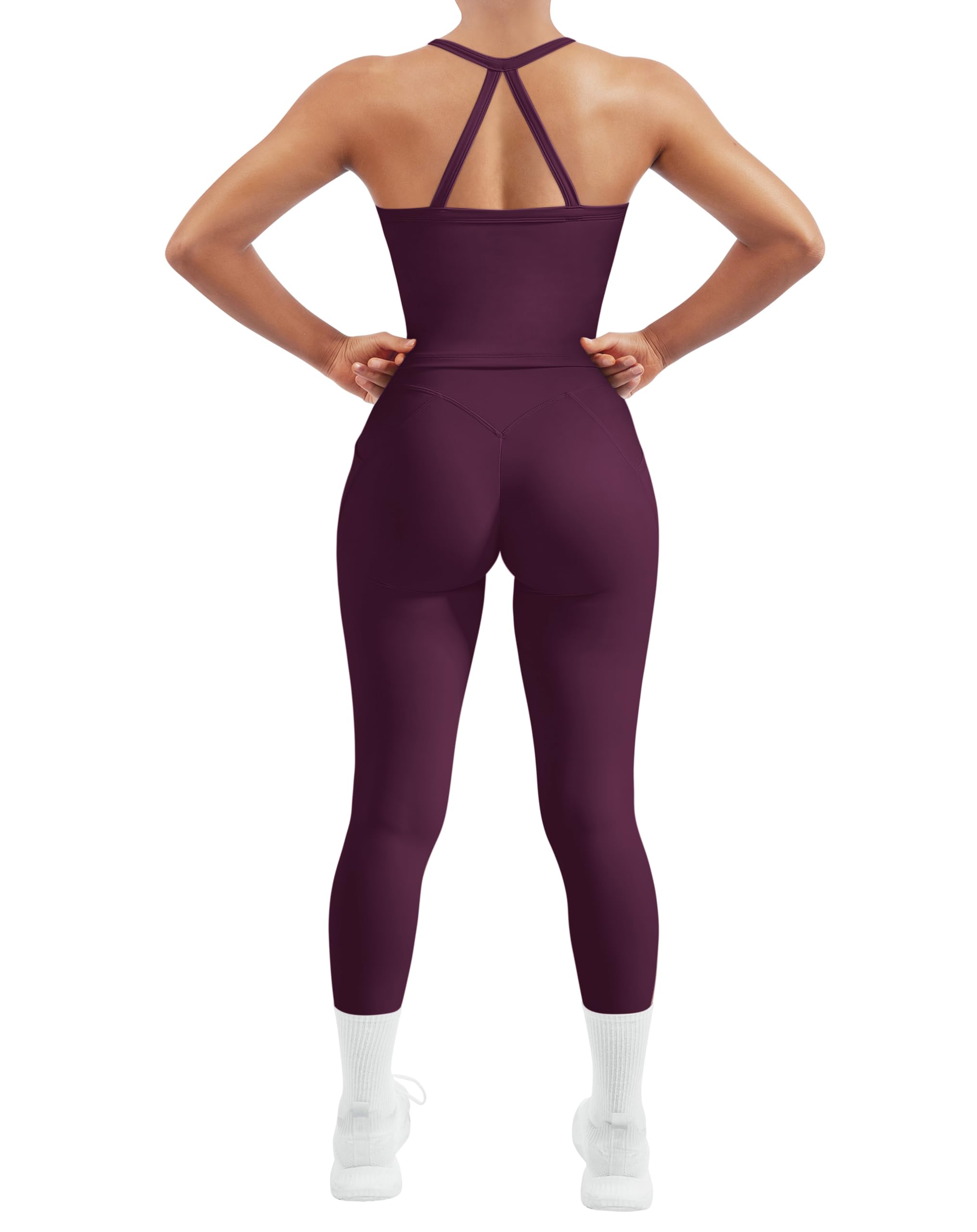 SUUKSESS Women 2 Piece Workout Sets Compression Tummy Control Leggings with Pockets Halter Built in Bra Tank Tops