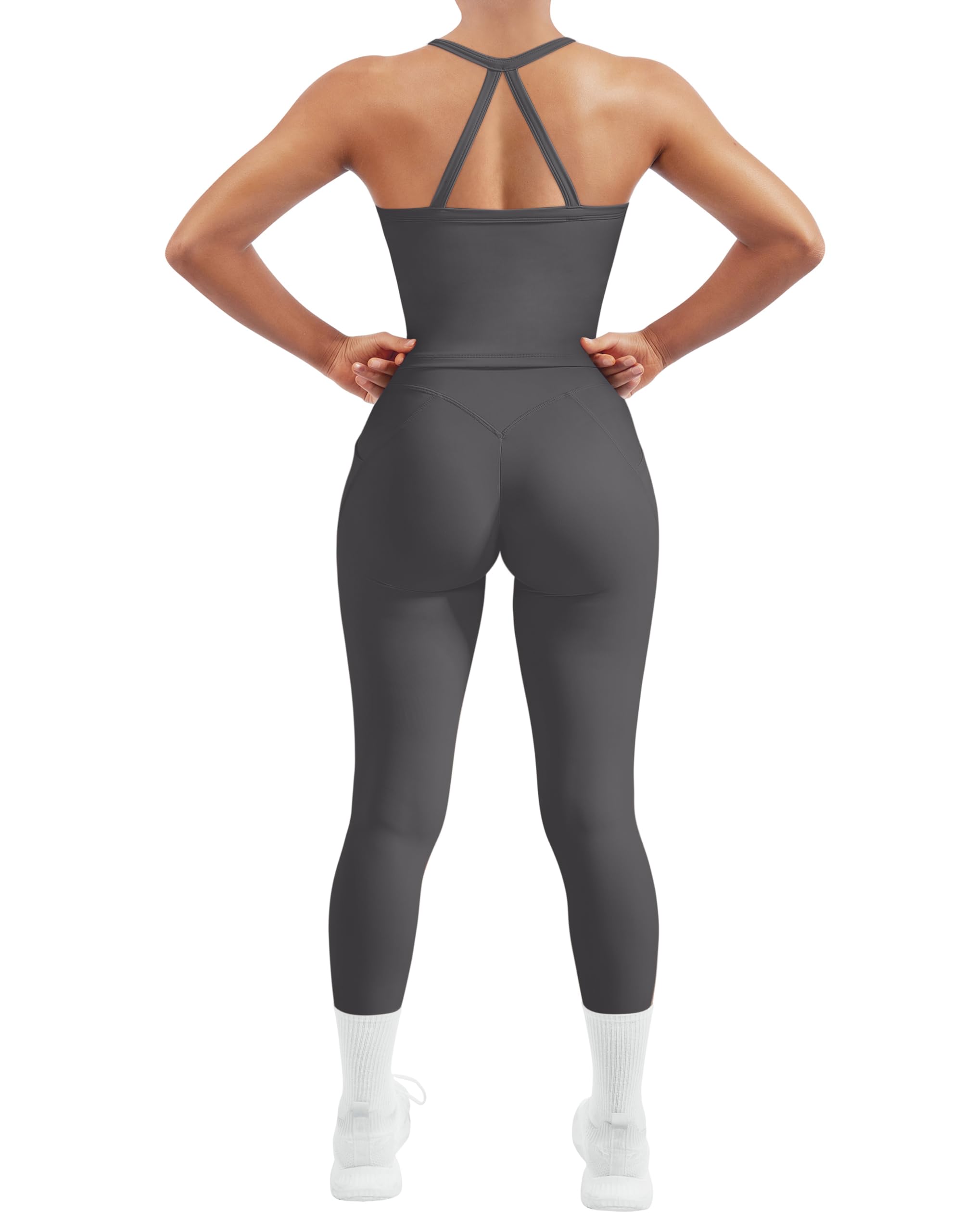 SUUKSESS Women 2 Piece Workout Sets Compression Tummy Control Leggings with Pockets Halter Built in Bra Tank Tops