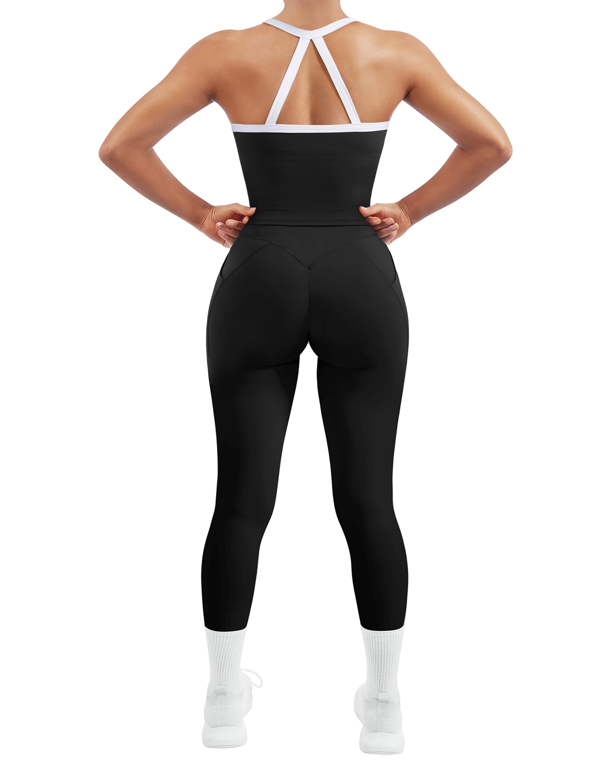 SUUKSESS Women 2 Piece Workout Sets Compression Tummy Control Leggings with Pockets Halter Built in Bra Tank Tops
