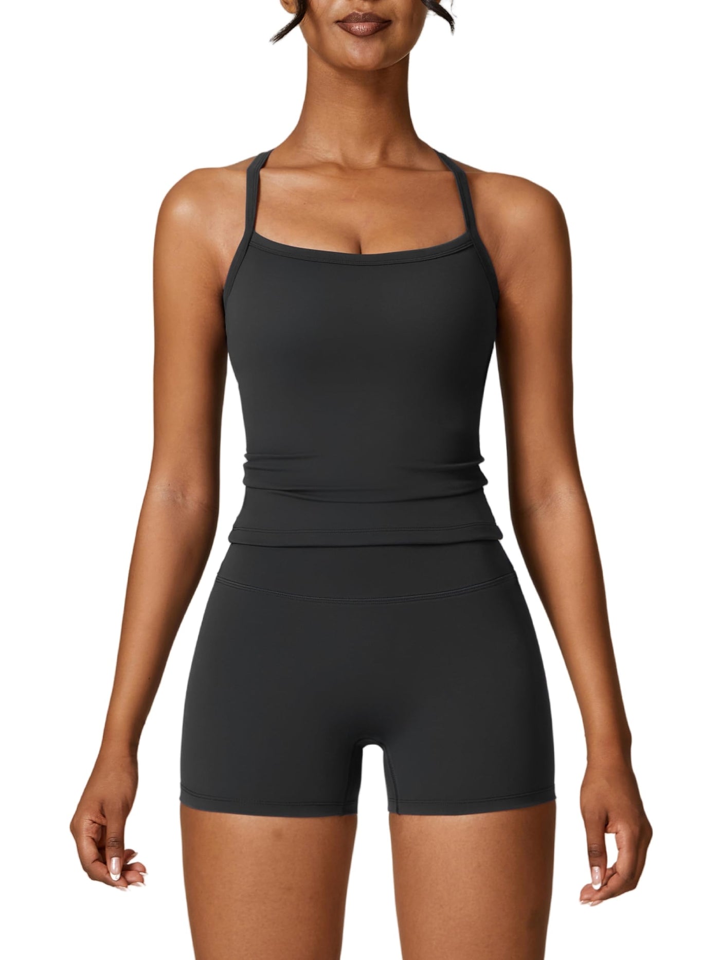 Women's 2 Piece Workout Set Cross Back Tank & Biker Shorts