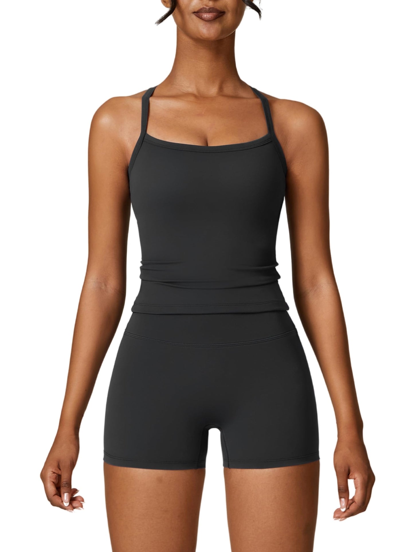 Women's 2 Piece Workout Set Cross Back Tank & Biker Shorts