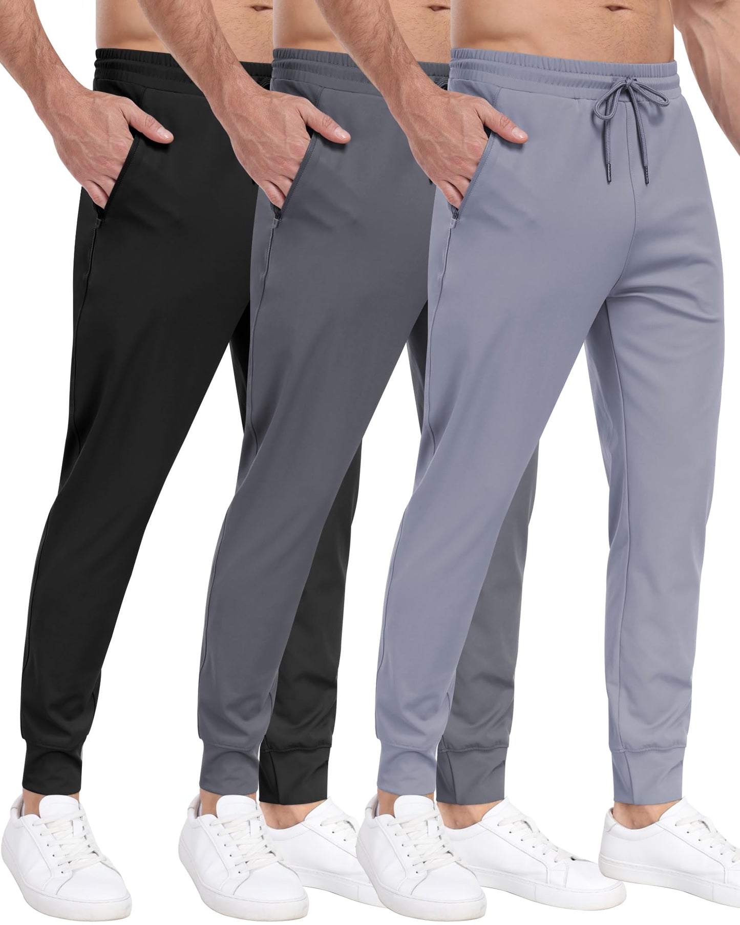 Men's 3 Pack Workout Jogger Pants with Zipper Pockets