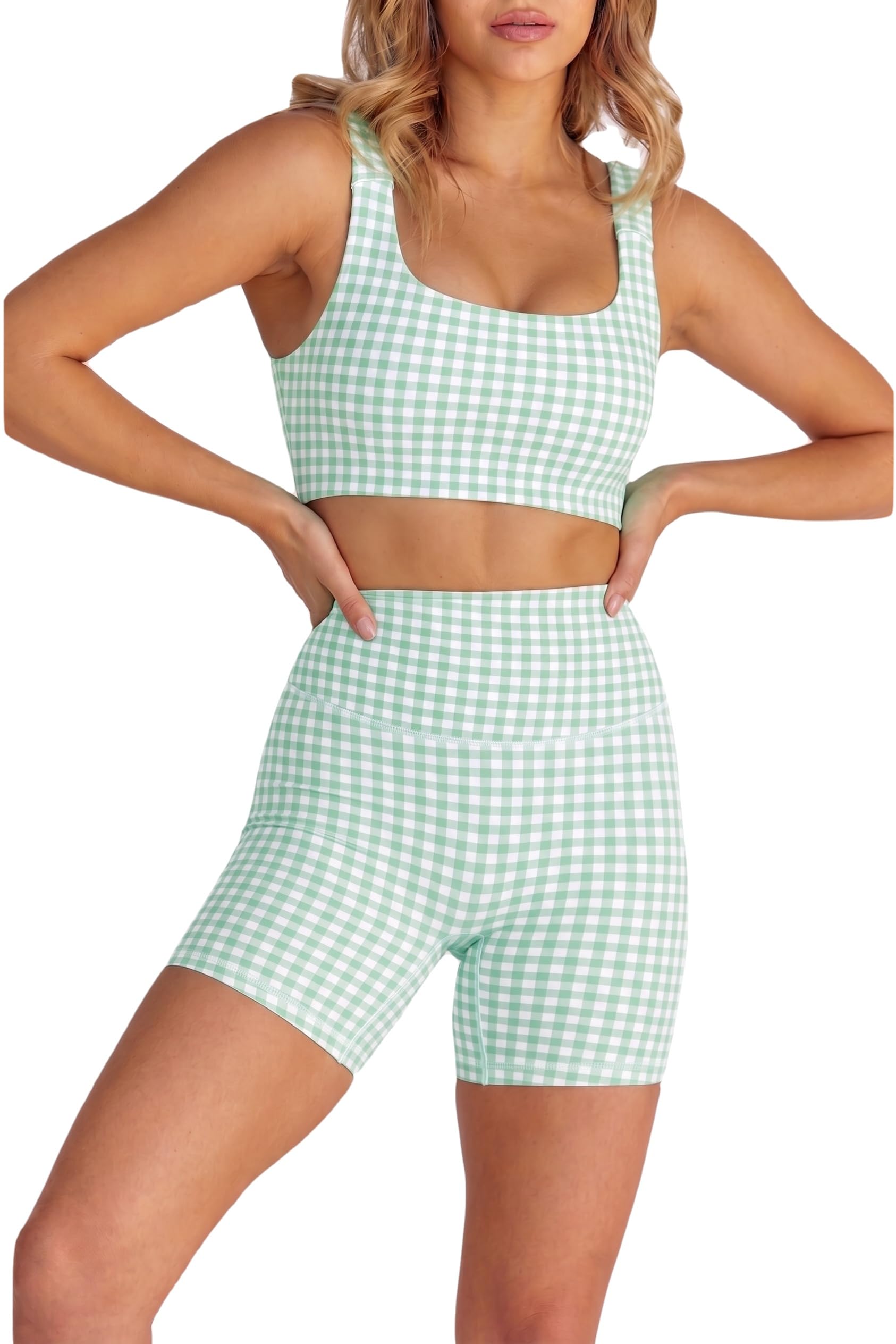 Womens Gingham Workout Sets 2 Piece Sets Summer Outfits Athletic Sports Bra High Waist Shorts Sets Matching Activewear Sets
