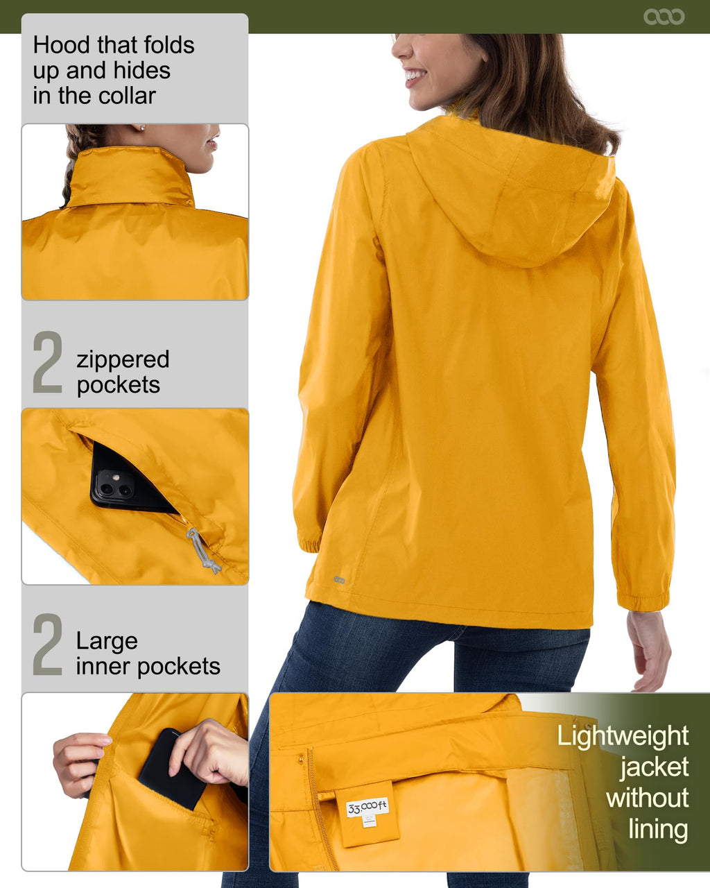 33,000ft Women's Rain Jacket Waterproof Lightweight Packable Raincoat with Hood for Golf Hiking Travel Windbreaker