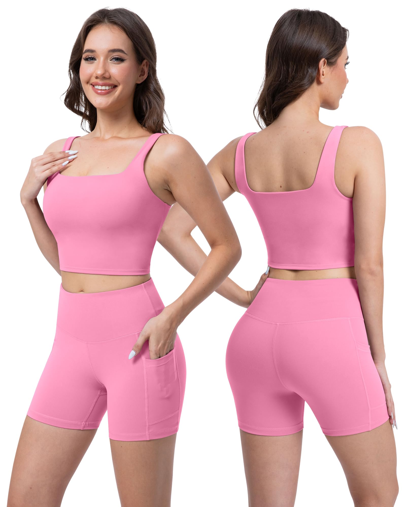 SALSPOR 3 Piece Workout Sets for Women High Waisted Leggings with Pockets Tummy Control Biker Shorts Yoga Sports Bra