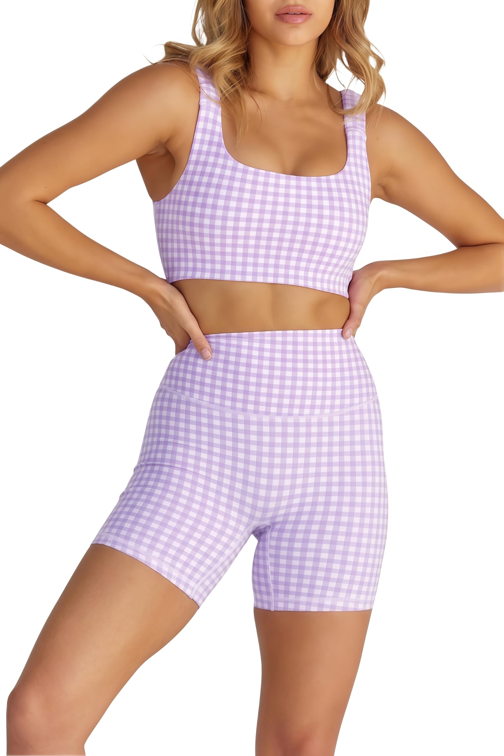 Womens Gingham Workout Sets 2 Piece Sets Summer Outfits Athletic Sports Bra High Waist Shorts Sets Matching Activewear Sets